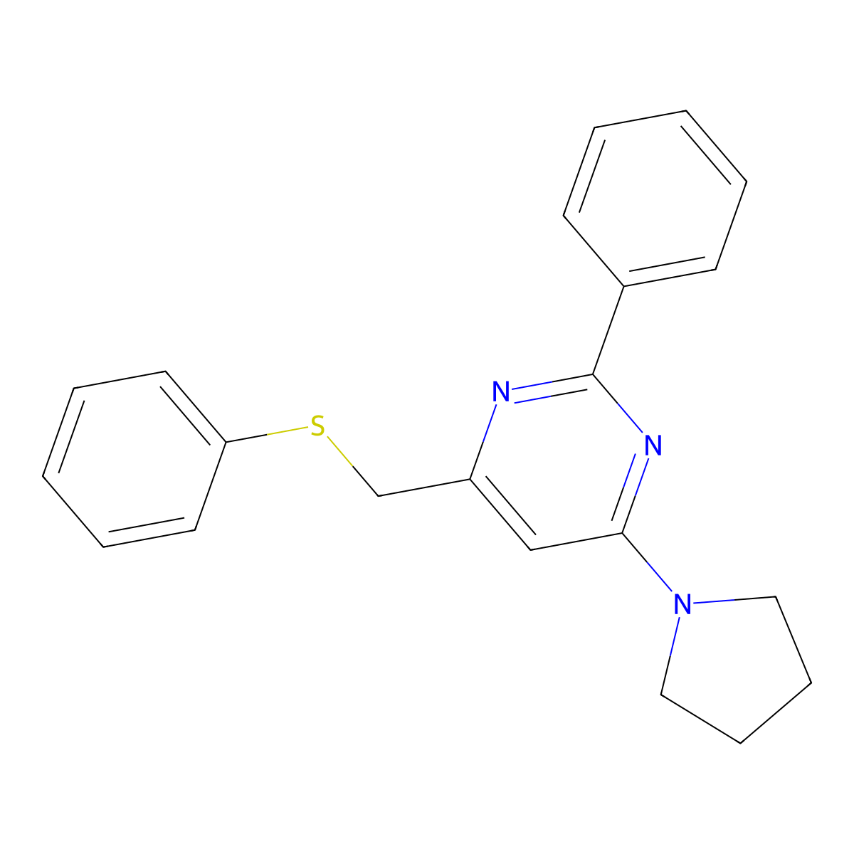 2-Phenyl-4-[(phenylsulfanyl)methyl]-6-(1-pyrrolidinyl)pyrimidine molecular structure, CAS 303147-73-1