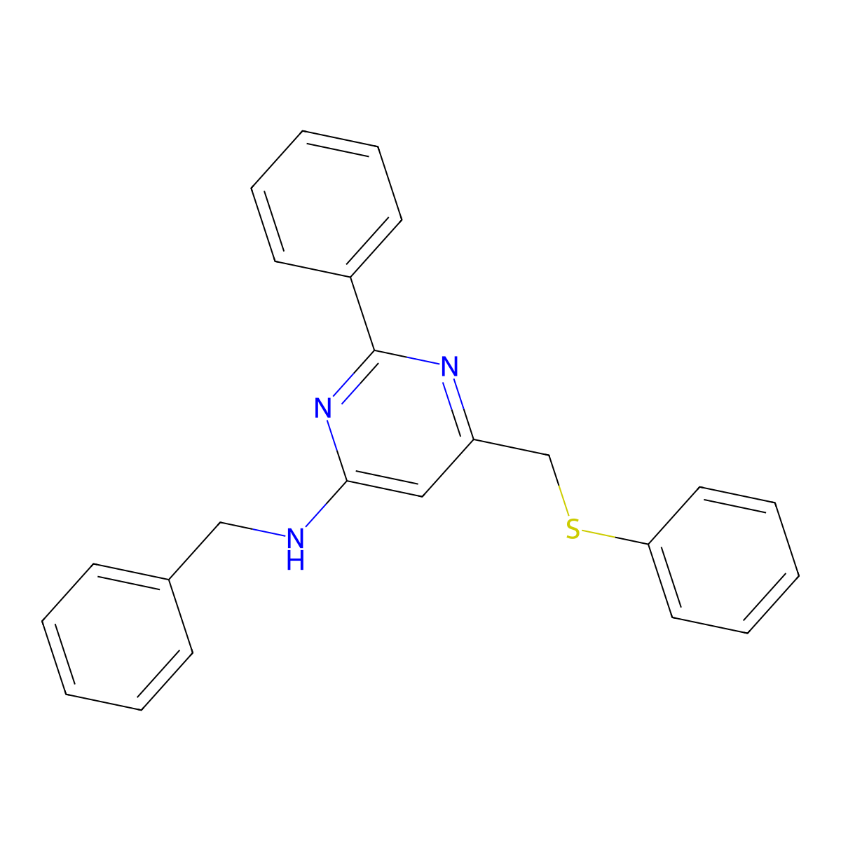 N-benzyl-2-phenyl-6-[(phenylsulfanyl)methyl]-4-pyrimidinamine molecular structure, CAS 303147-76-4