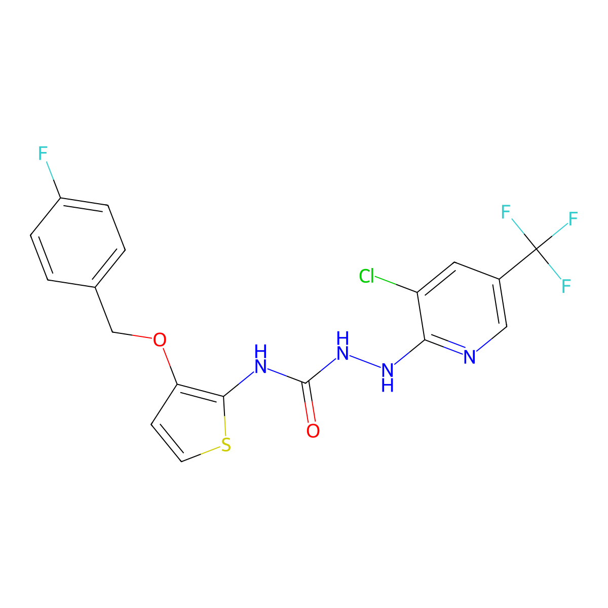 1-{[3-Chloro-5-(trifluoromethyl)pyridin-2-yl]amino}-3-{3-[(4-fluorophenyl)methoxy]thiophen-2-yl}urea molecular structure, CAS 303147-93-5