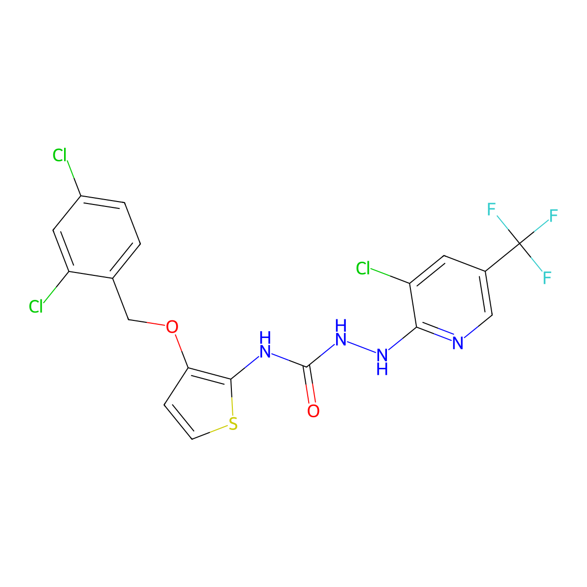 1-{[3-Chloro-5-(trifluoromethyl)pyridin-2-yl]amino}-3-{3-[(2,4-dichlorophenyl)methoxy]thiophen-2-yl}urea molecular structure, CAS 303147-96-8