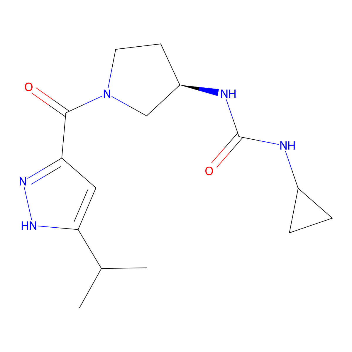1-cyclopropyl-3-[(3R)-1-(5-propan-2-yl-1H-pyrazole-3-carbonyl)pyrrolidin-3-yl]urea molecular structure, CAS 3031476-73-7