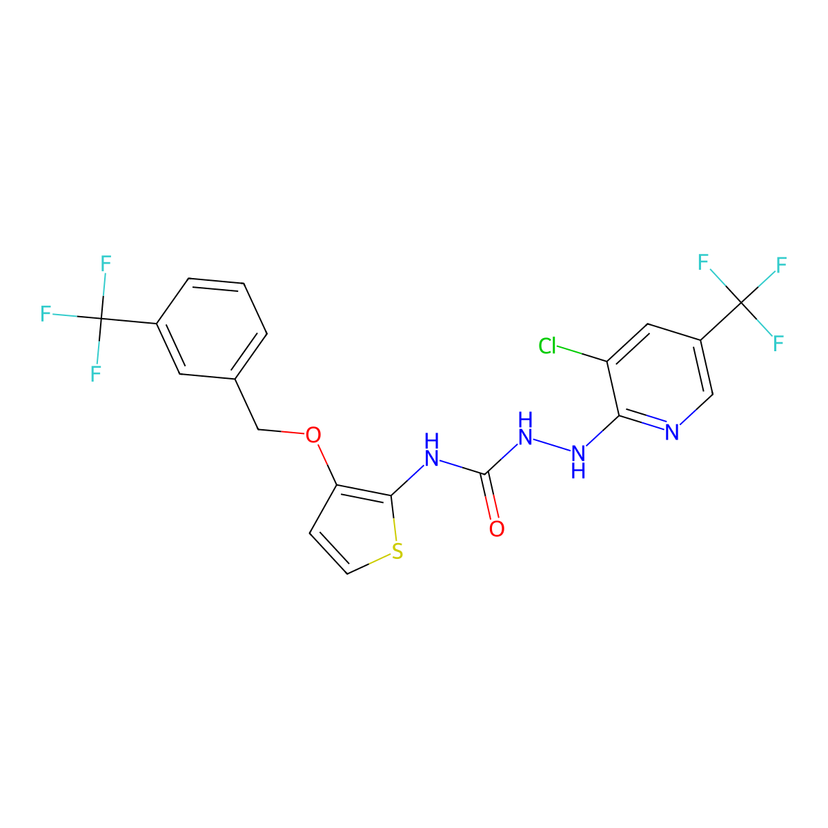 1-{[3-Chloro-5-(trifluoromethyl)pyridin-2-yl]amino}-3-(3-{[3-(trifluoromethyl)phenyl]methoxy}thiophen-2-yl)urea molecular structure, CAS 303148-02-9
