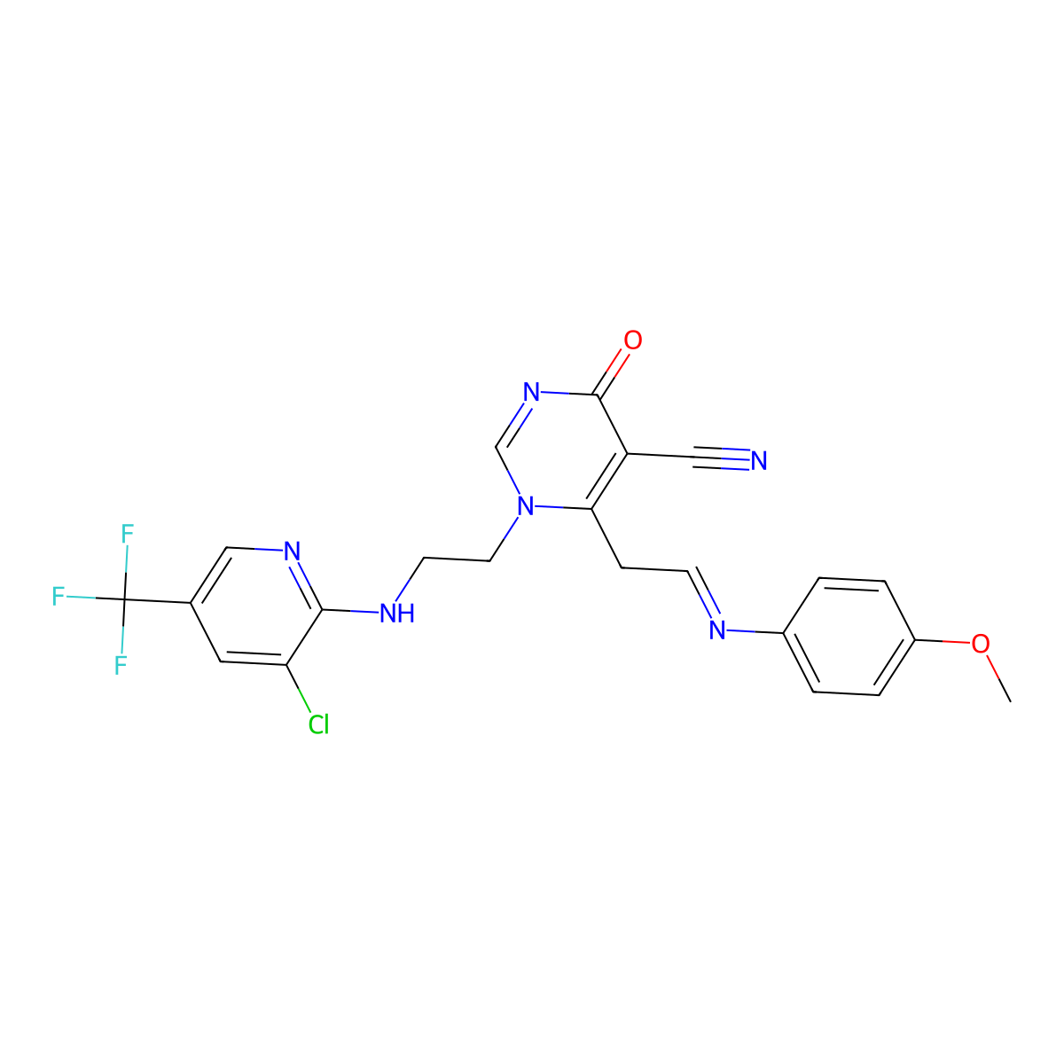 1-[2-[[3-Chloro-5-(trifluoromethyl)pyridin-2-yl]amino]ethyl]-6-[2-(4-methoxyphenyl)iminoethyl]-4-oxopyrimidine-5-carbonitrile molecular structure, CAS 303148-40-5