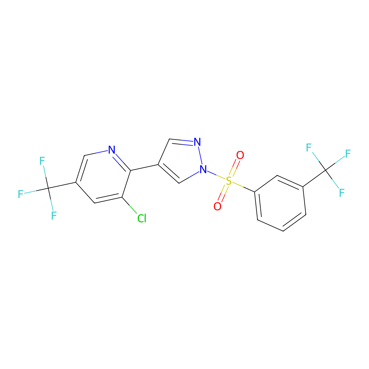 3-Chloro-5-(trifluoromethyl)-2-[1-[3-(trifluoromethyl)phenyl]sulfonylpyrazol-4-yl]pyridine molecular structure, CAS 303150-31-4
