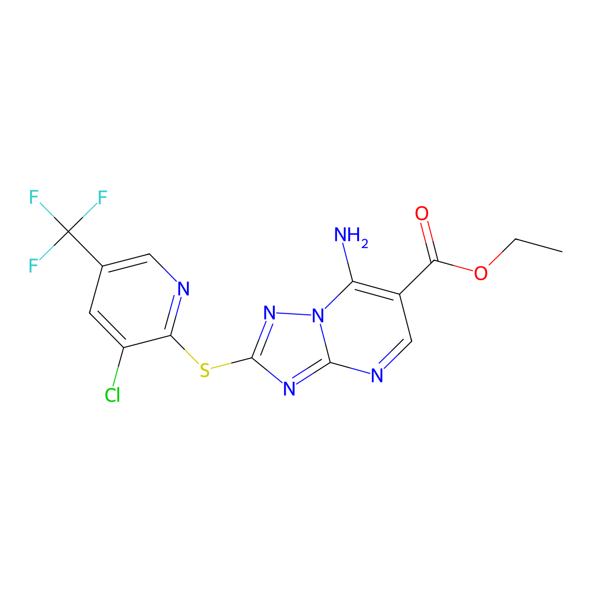 Ethyl 7-amino-2-((3-chloro-5-(trifluoromethyl)-2-pyridinyl)sulfanyl)(1,2,4)triazolo[1,5-a]pyrimidine-6-carboxylate molecular structure, CAS 303150-39-2