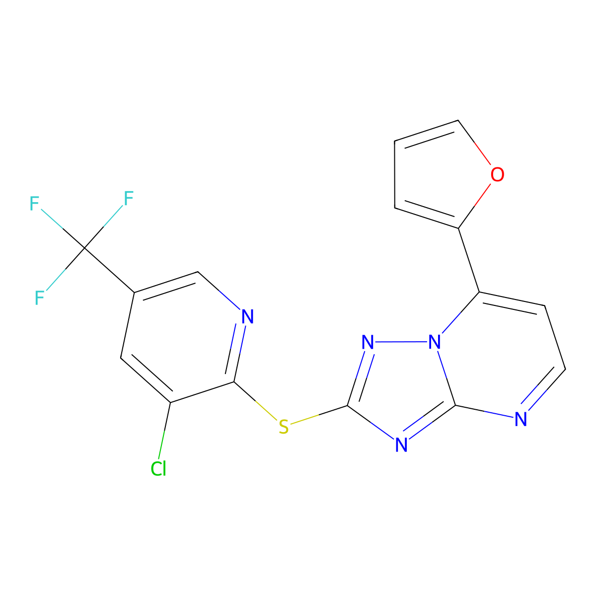 2-{[3-Chloro-5-(trifluoromethyl)-2-pyridinyl]sulfanyl}-7-(2-furyl)[1,2,4]triazolo[1,5-a]pyrimidine molecular structure, CAS 303150-41-6