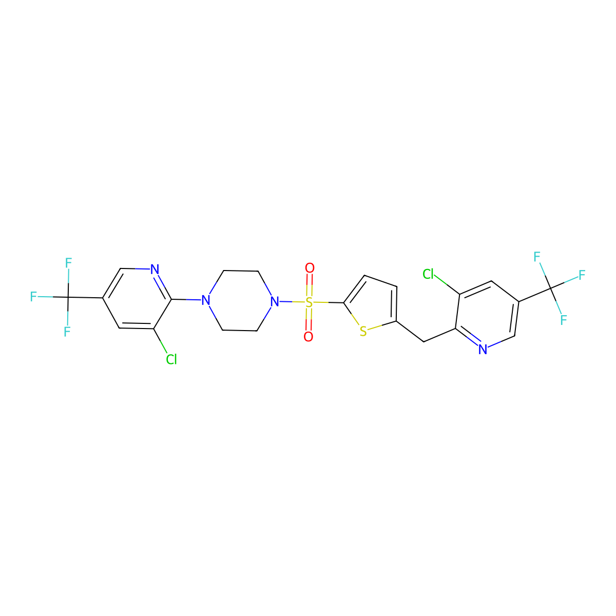 1-[3-Chloro-5-(trifluoromethyl)pyridin-2-yl]-4-[5-[[3-chloro-5-(trifluoromethyl)pyridin-2-yl]methyl]thiophen-2-yl]sulfonylpiperazine molecular structure, CAS 303150-45-0