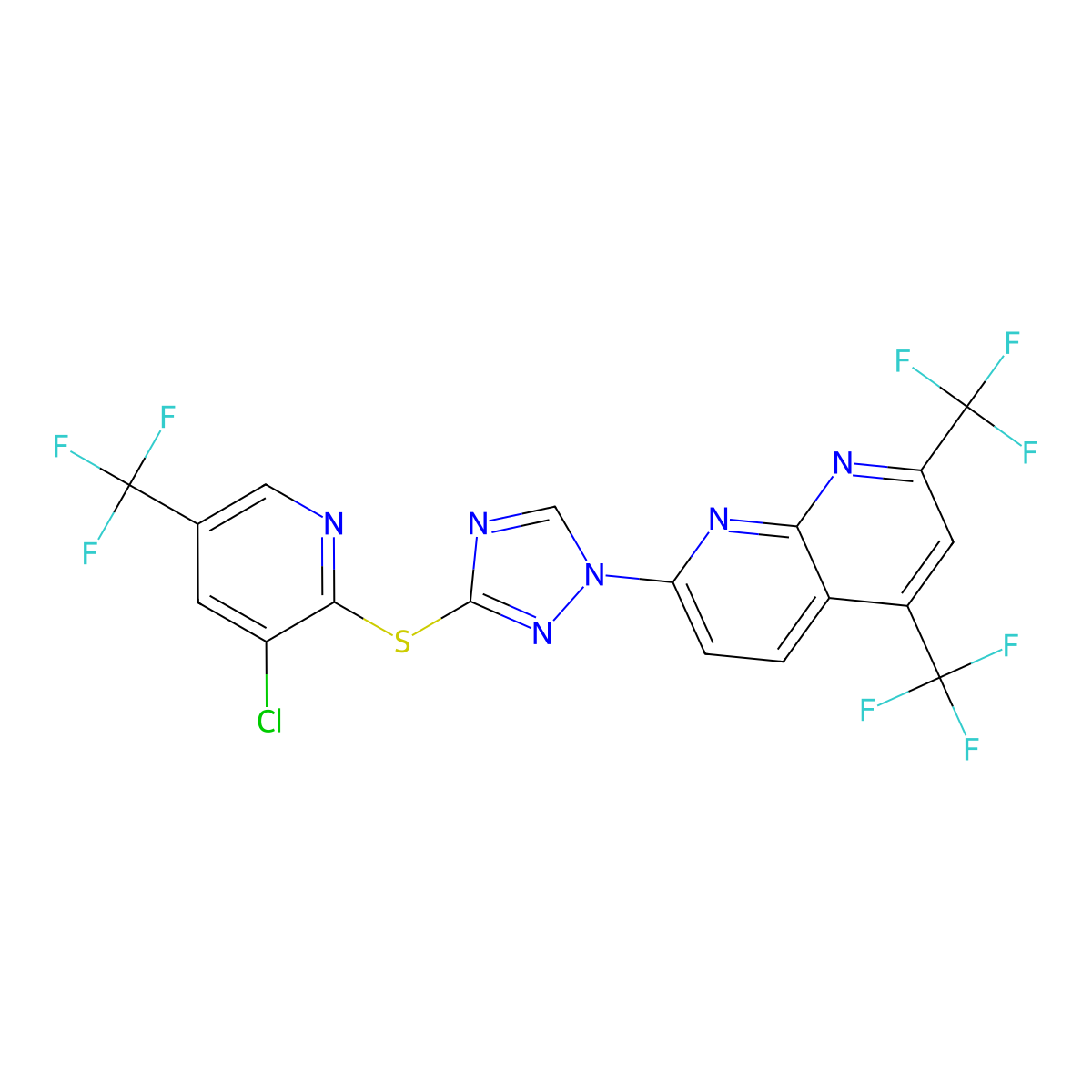 7-(3-{[3-chloro-5-(trifluoromethyl)-2-pyridinyl]sulfanyl}-1H-1,2,4-triazol-1-yl)-2,4-bis(trifluoromethyl)[1,8]naphthyridine molecular structure, CAS 303151-86-2