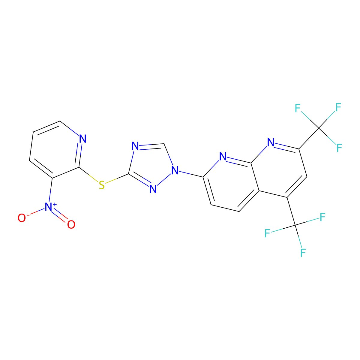 7-[3-(3-Nitropyridin-2-yl)sulfanyl-1,2,4-triazol-1-yl]-2,4-bis(trifluoromethyl)-1,8-naphthyridine molecular structure, CAS 303151-87-3