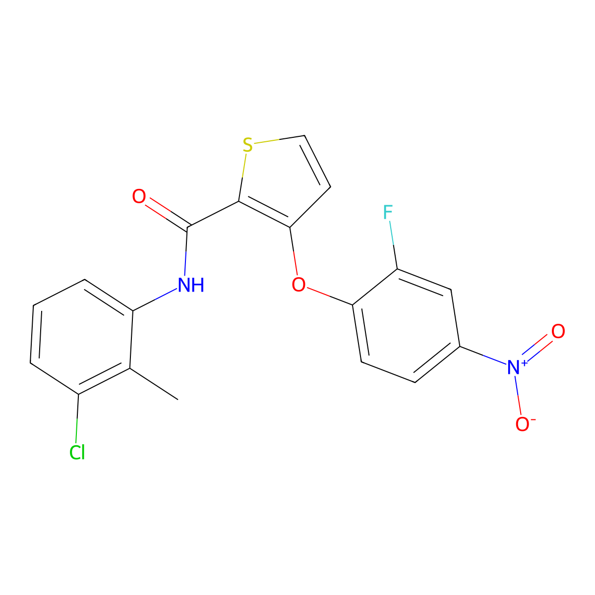 N-(3-chloro-2-methylphenyl)-3-(2-fluoro-4-nitrophenoxy)thiophene-2-carboxamide molecular structure, CAS 303152-56-9