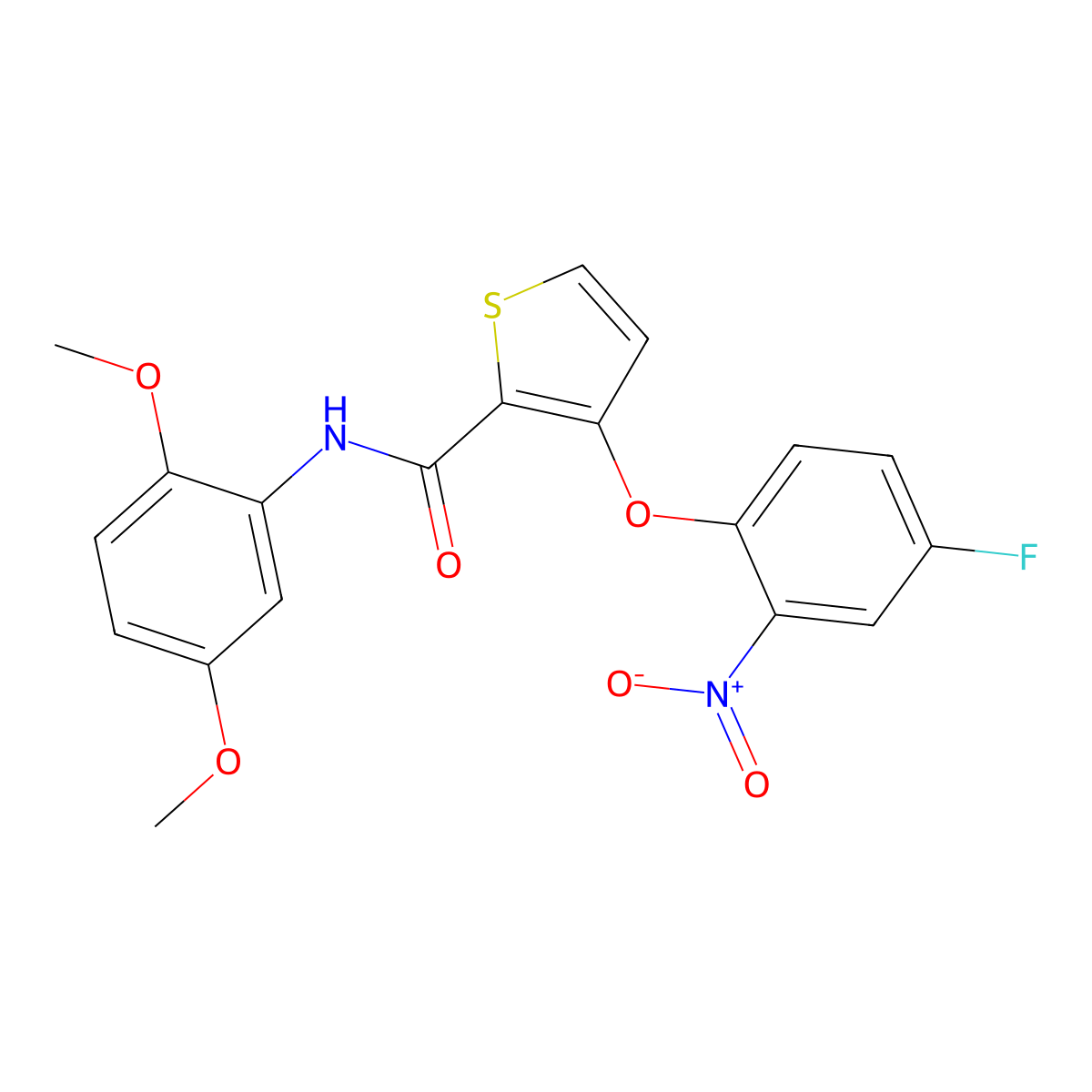 N-(2,5-dimethoxyphenyl)-3-(4-fluoro-2-nitrophenoxy)thiophene-2-carboxamide molecular structure, CAS 303152-75-2