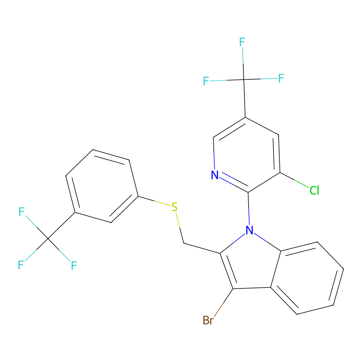 3-bromo-1-[3-chloro-5-(trifluoromethyl)-2-pyridinyl]-2-({[3-(trifluoromethyl)phenyl]sulfanyl}methyl)-1H-indole molecular structure, CAS 303152-86-5