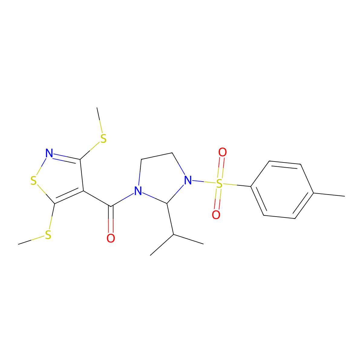 4-({2-Isopropyl-3-[(4-methylphenyl)sulfonyl]-1-imidazolidinyl}carbonyl)-3,5-bis(methylsulfanyl)isothiazole molecular structure, CAS 303172-64-7