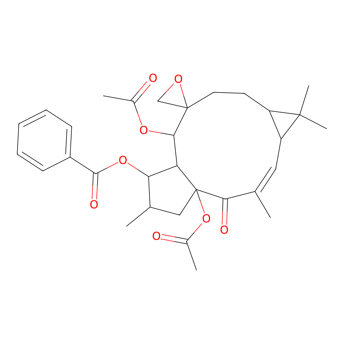 (1',11'-Diacetyloxy-3',6',6',14'-tetramethyl-2'-oxospiro[oxirane-2,10'-tricyclo[10.3.0.05,7]pentadec-3-ene]-13'-yl) benzoate molecular structure, CAS 303174-98-3