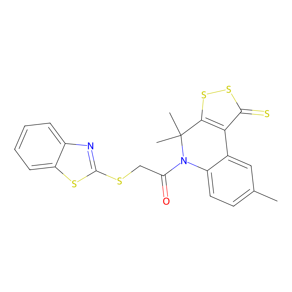 2-(1,3-Benzothiazol-2-ylsulfanyl)-1-(4,4,8-trimethyl-1-sulfanylidenedithiolo[3,4-c]quinolin-5-yl)ethanone molecular structure, CAS 303175-13-5