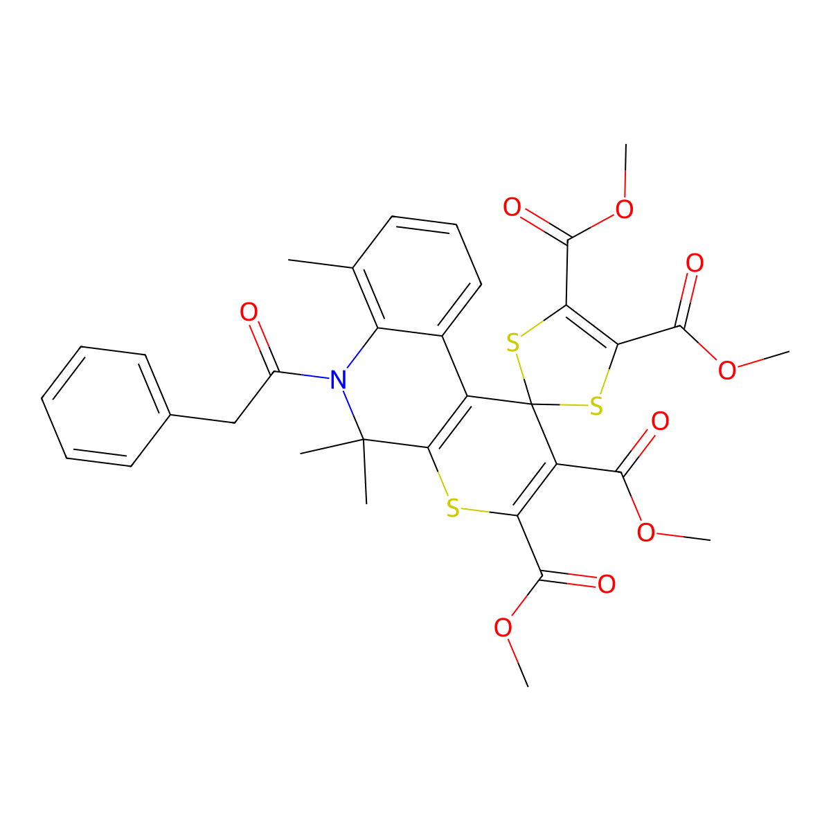 tetramethyl 5',5',7'-trimethyl-6'-(phenylacetyl)-5',6'-dihydrospiro(1,3-dithiole-2,1'-[1'H]-thiopyrano[2,3-c]quinoline)-2',3',4,5-tetracarboxylate molecular structure, CAS 303176-99-0