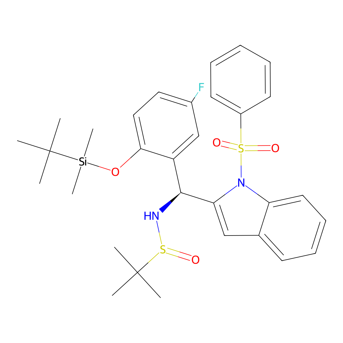 (S)-N-[(S)-[2-[(tert-Butyldimethylsilyl)oxy]-5-fluorophenyl][1-(phenylsulfonyl)-2-indolyl]methyl]-2-methylpropane-2-sulfinamide molecular structure, CAS 3031765-39-3