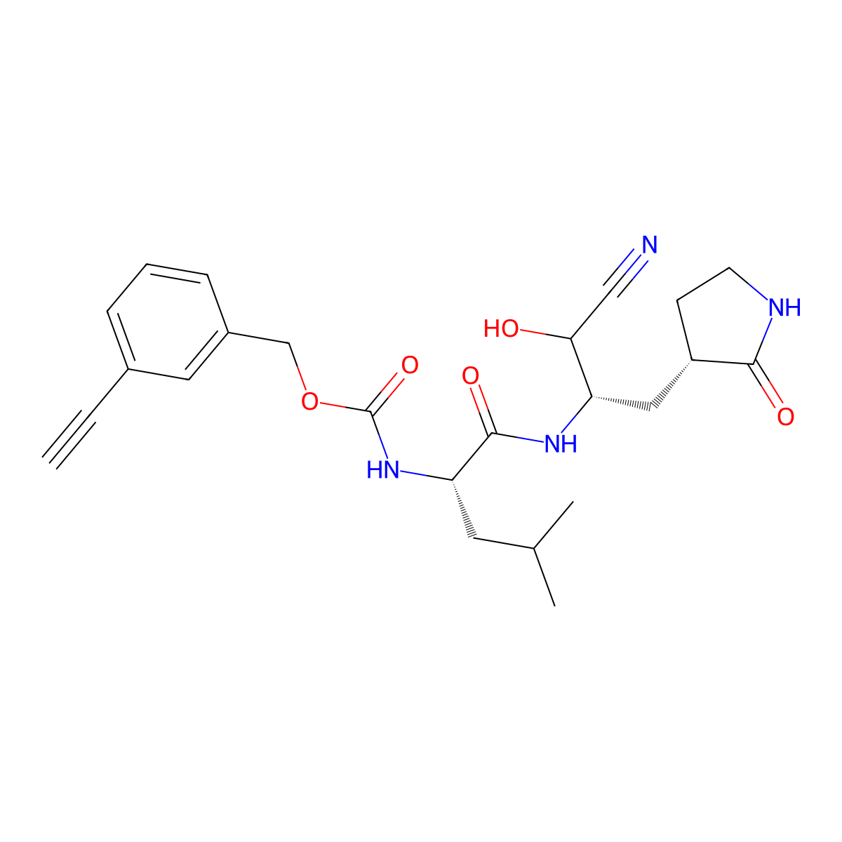 3-Ethynylbenzyl [(2S)-1-[[(2S)-1-Cyano-1-hydroxy-3-[(S)-2-oxo-3-pyrrolidinyl]-2-propyl]amino]-4-methyl-1-oxo-2-pentyl]carbamate molecular structure, CAS 3031765-46-2