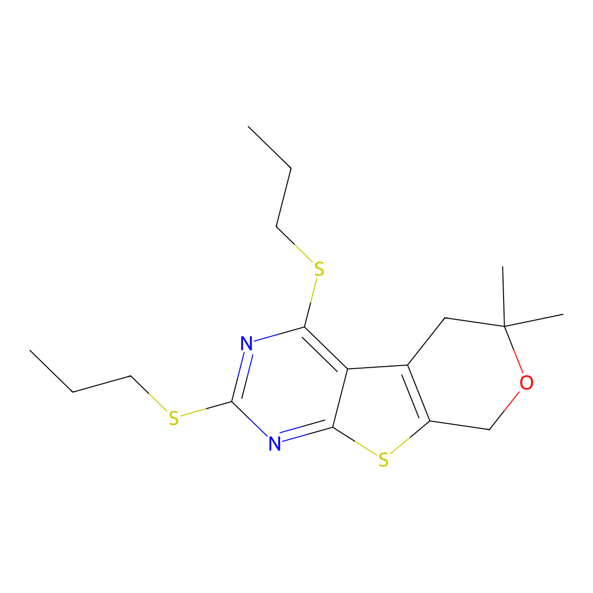 6,6-dimethyl-2,4-bis(propylsulfanyl)-5,8-dihydro-6H-pyrano[4',3':4,5]thieno[2,3-d]pyrimidine molecular structure, CAS 303177-14-2
