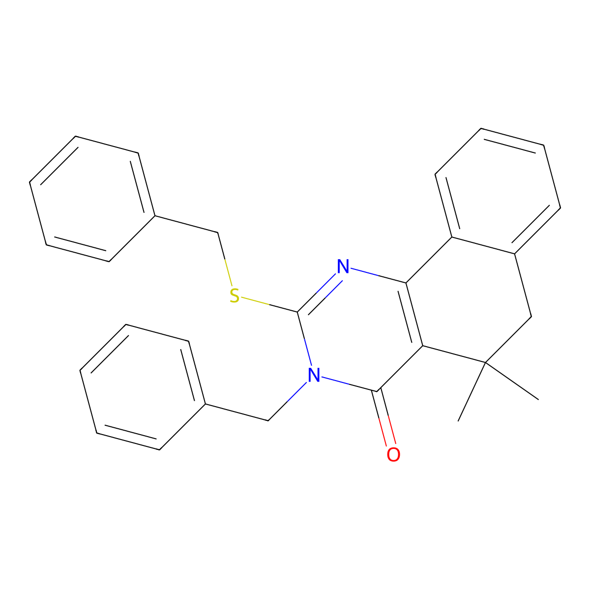 3-benzyl-2-(benzylsulfanyl)-5,5-dimethyl-5,6-dihydrobenzo[h]quinazolin-4(3H)-one molecular structure, CAS 303177-23-3