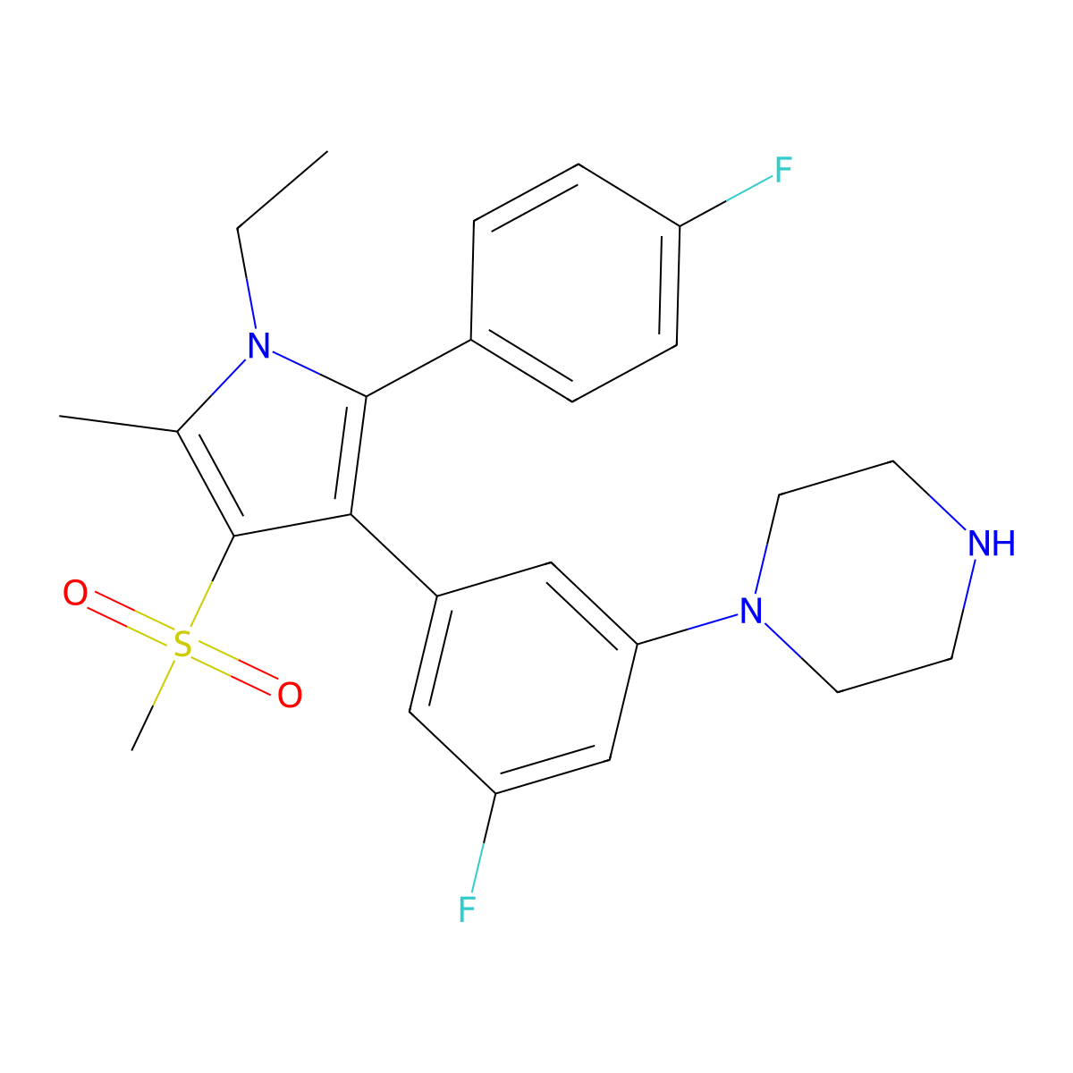 1-[3-[1-Ethyl-2-(4-fluorophenyl)-5-methyl-4-(methylsulfonyl)-3-pyrrolyl]-5-fluorophenyl]piperazine molecular structure, CAS 3031789-39-3