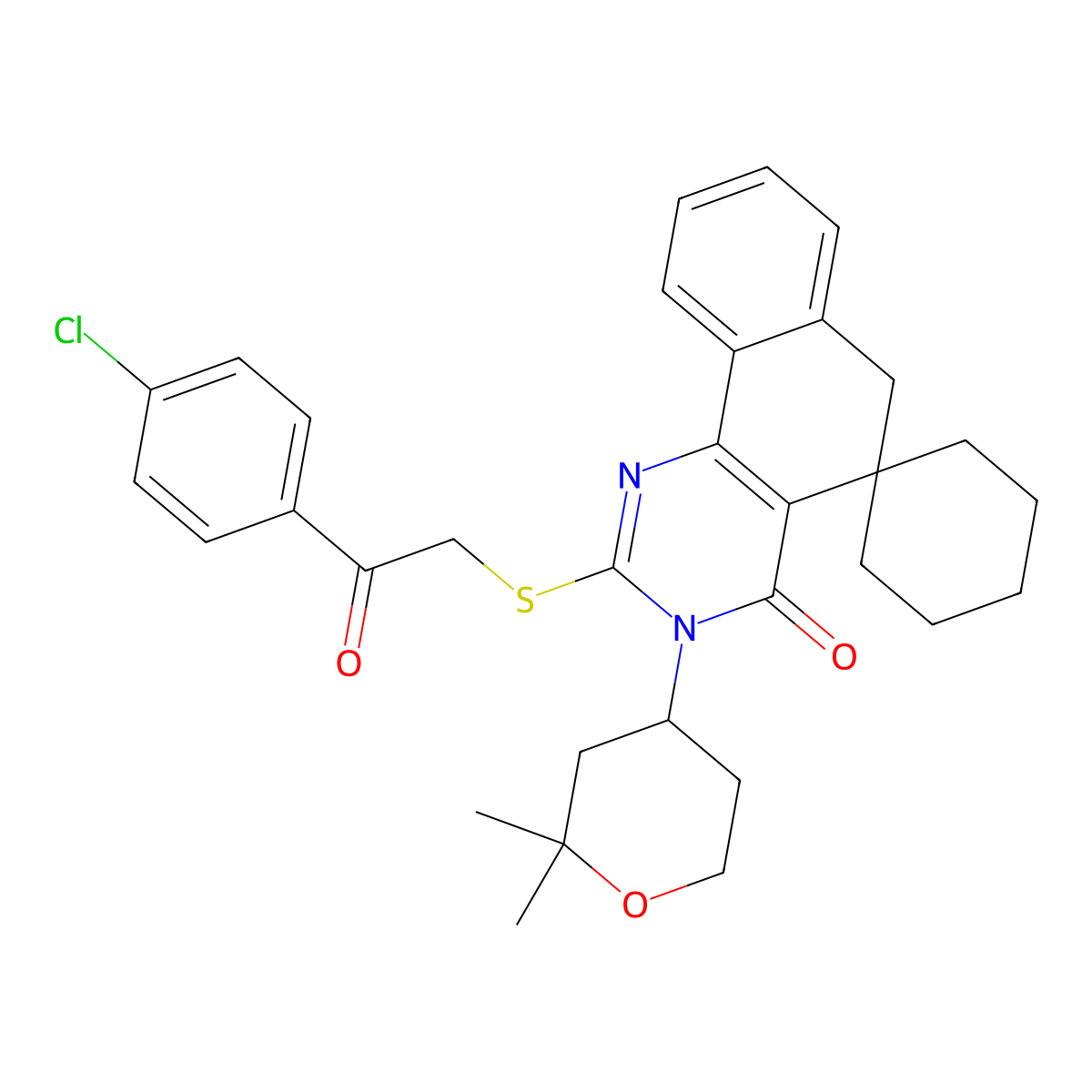 2-[2-(4-chlorophenyl)-2-oxoethyl]sulfanyl-3-(2,2-dimethyloxan-4-yl)spiro[6H-benzo[h]quinazoline-5,1'-cyclohexane]-4-one molecular structure, CAS 303179-70-6