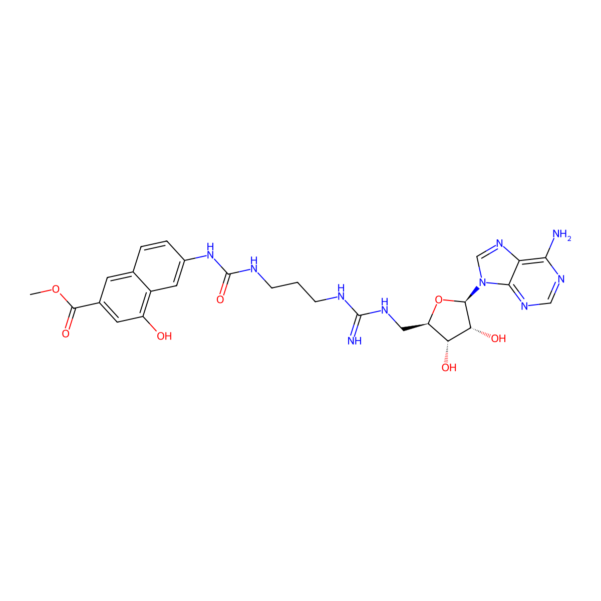 methyl 6-[3-[[~{N}-[[(2~{R},3~{S},4~{R},5~{R})-5-(6-aminopurin-9-yl)-3,4-bis(oxidanyl)oxolan-2-yl]methyl]carbamimidoyl]amino]propylcarbamoylamino]-4-oxidanyl-naphthalene-2-carboxylate molecular structure, CAS 3031795-11-3
