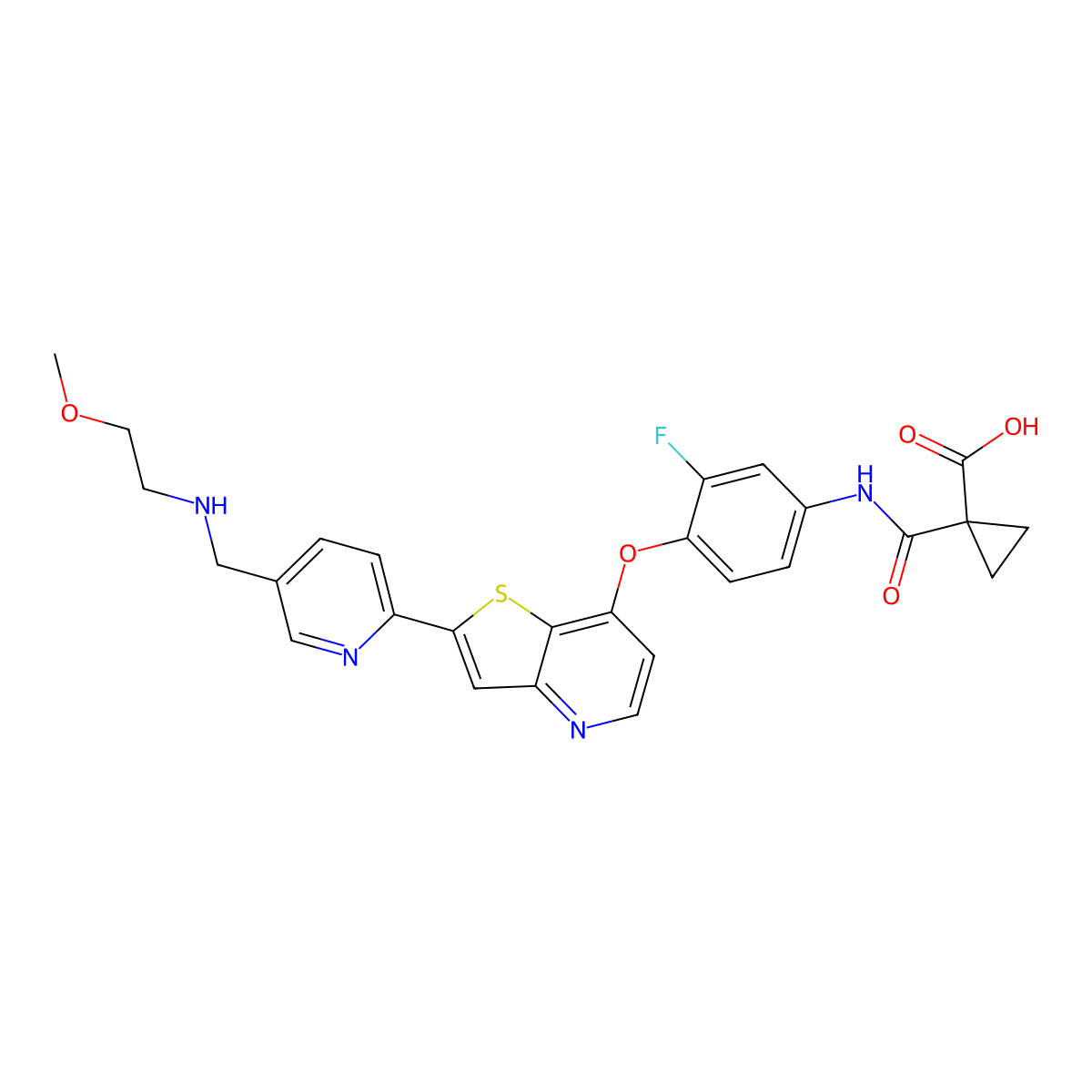 1-[[3-Fluoro-4-[[2-[5-[[(2-methoxyethyl)amino]methyl]pyridin-2-yl]thieno[3,2-b]pyridin-7-yl]oxy]phenyl]carbamoyl]cyclopropanecarboxylic Acid molecular structure, CAS 3031799-50-2