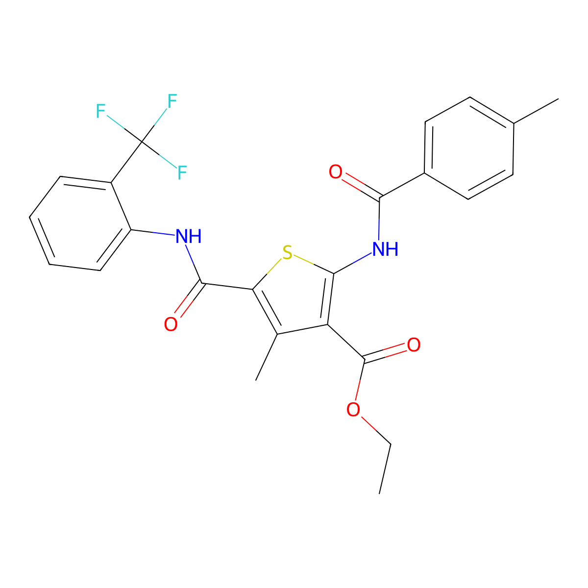 Ethyl 4-methyl-2-(4-methylbenzamido)-5-{[2-(trifluoromethyl)phenyl]carbamoyl}thiophene-3-carboxylate molecular structure, CAS 303202-71-3