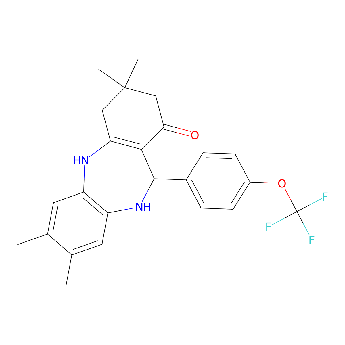 2,3,9,9-tetramethyl-6-[4-(trifluoromethoxy)phenyl]-6,8,10,11-tetrahydro-5H-benzo[b][1,4]benzodiazepin-7-one molecular structure, CAS 303203-38-5