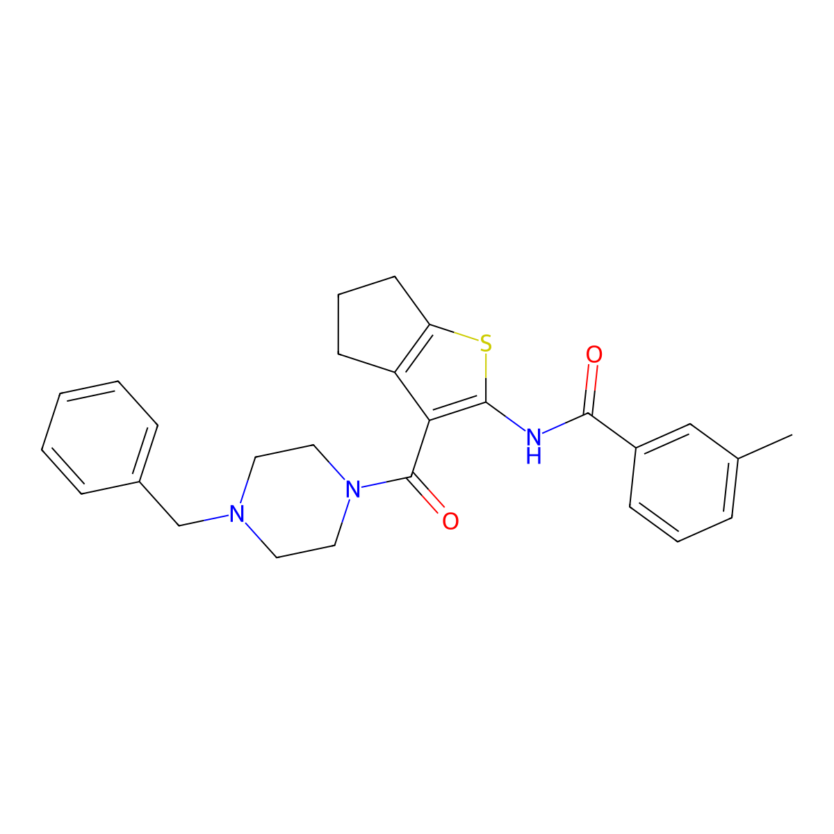 N-[3-(4-benzylpiperazine-1-carbonyl)-5,6-dihydro-4H-cyclopenta[b]thiophen-2-yl]-3-methylbenzamide molecular structure, CAS 303203-39-6