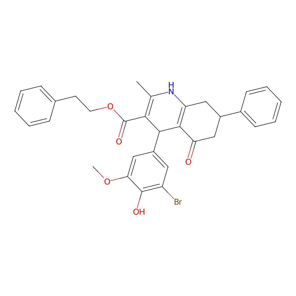 2-Phenylethyl 4-(3-bromo-4-hydroxy-5-methoxyphenyl)-2-methyl-5-oxo-7-phenyl-1,4,5,6,7,8-hexahydroquinoline-3-carboxylate molecular structure, CAS 303204-37-7