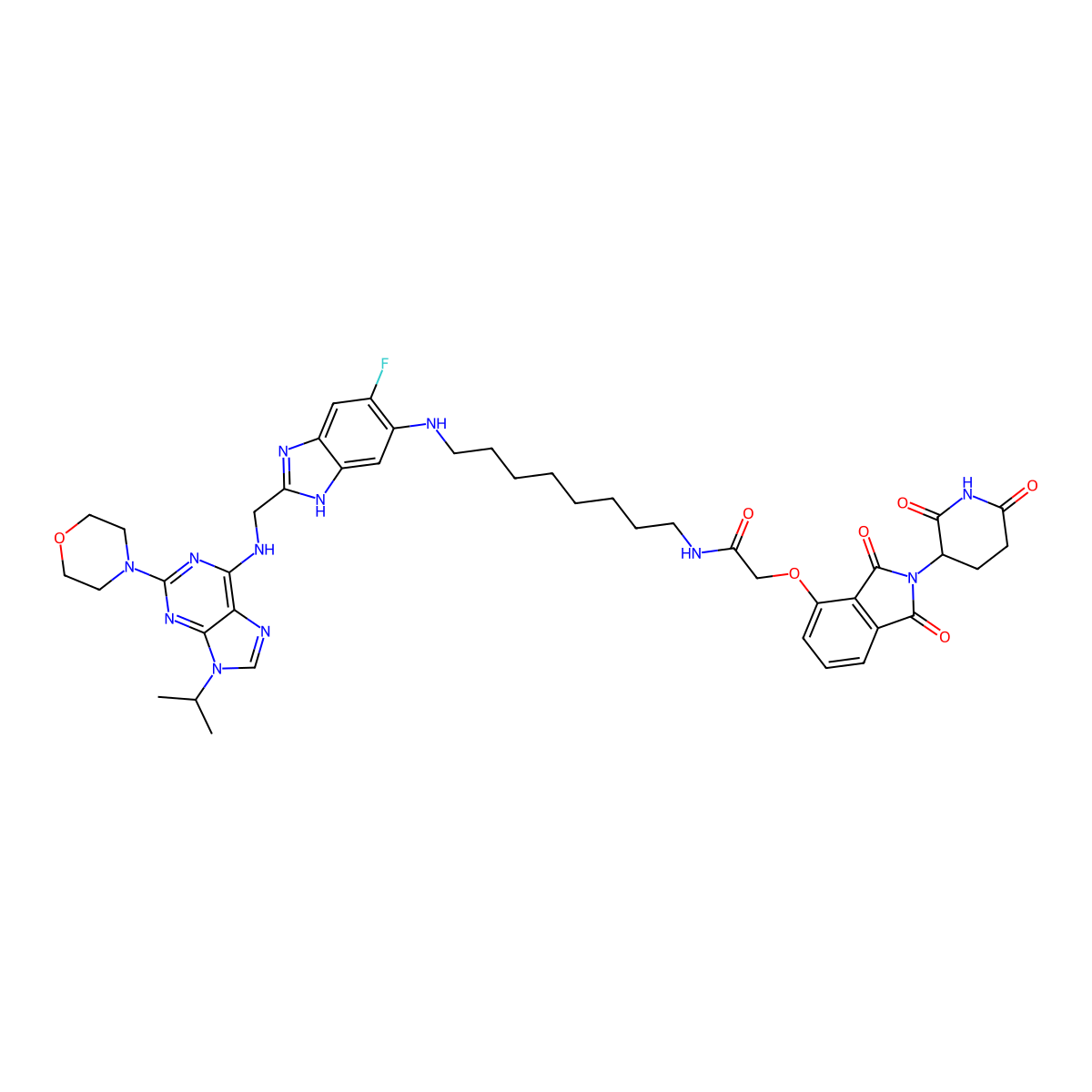 2-[2-(2,6-dioxopiperidin-3-yl)-1,3-dioxoisoindol-4-yl]oxy-N-[8-[[6-fluoro-2-[[(2-morpholin-4-yl-9-propan-2-ylpurin-6-yl)amino]methyl]-1H-benzimidazol-5-yl]amino]octyl]acetamide molecular structure, CAS 3032108-74-7