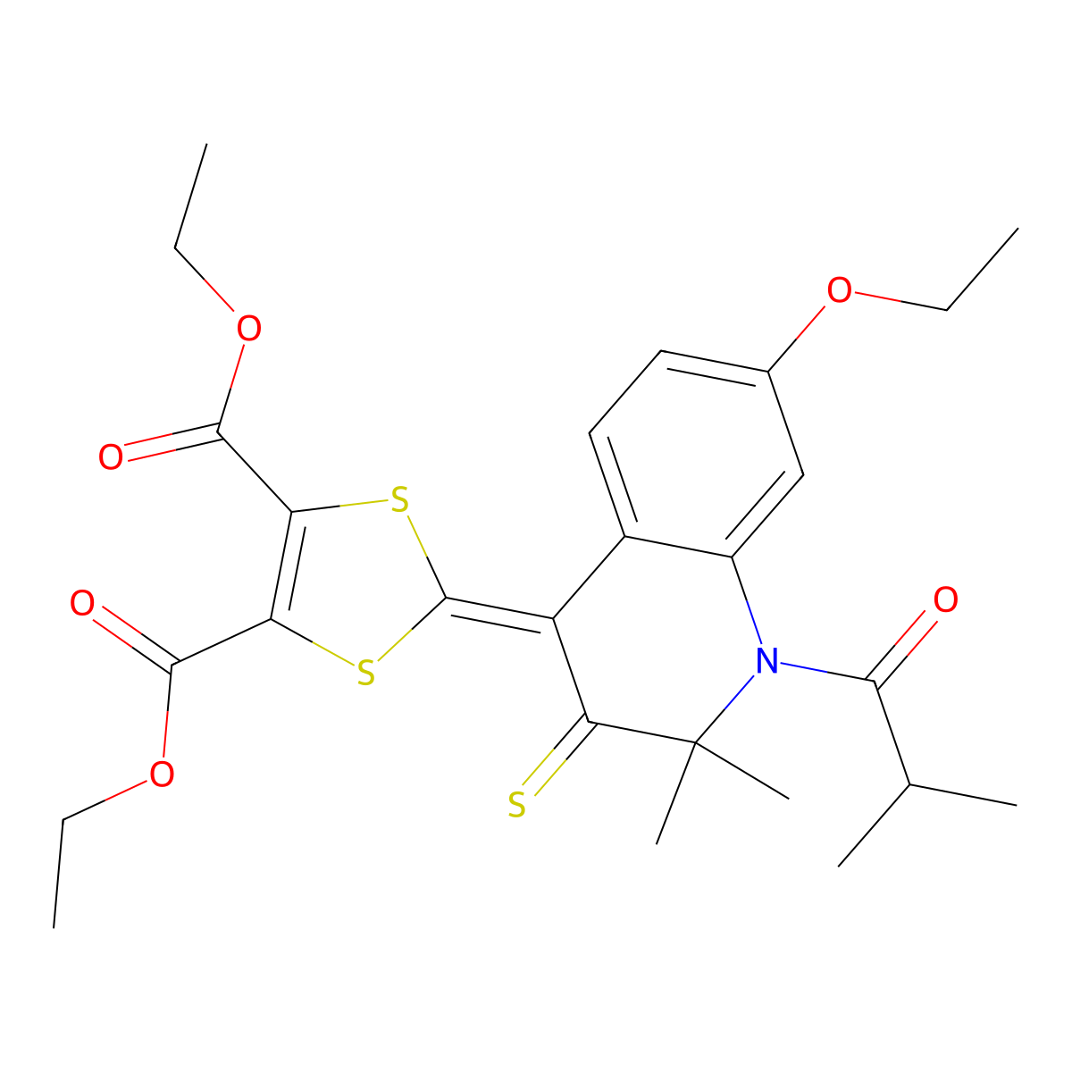diethyl 2-(7-(ethyloxy)-2,2-dimethyl-1-(2-methylpropanoyl)-3-thioxo-2,3-dihydroquinolin-4(1H)-ylidene)-1,3-dithiole-4,5-dicarboxylate molecular structure, CAS 303226-77-9