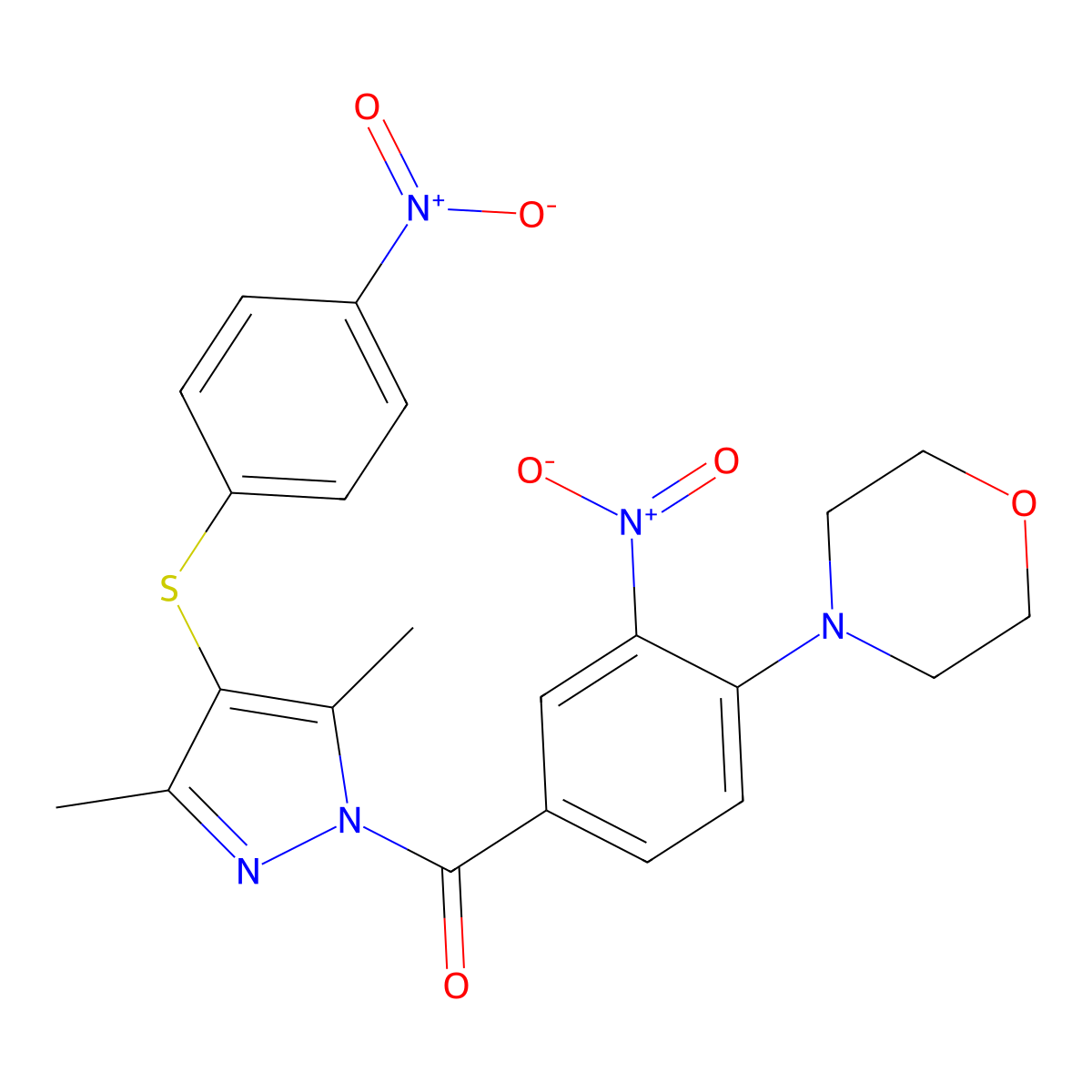 (3,5-dimethyl-4-((4-nitrophenyl)thio)-1H-pyrazol-1-yl)(4-morpholino-3-nitrophenyl)methanone molecular structure, CAS 303227-18-1
