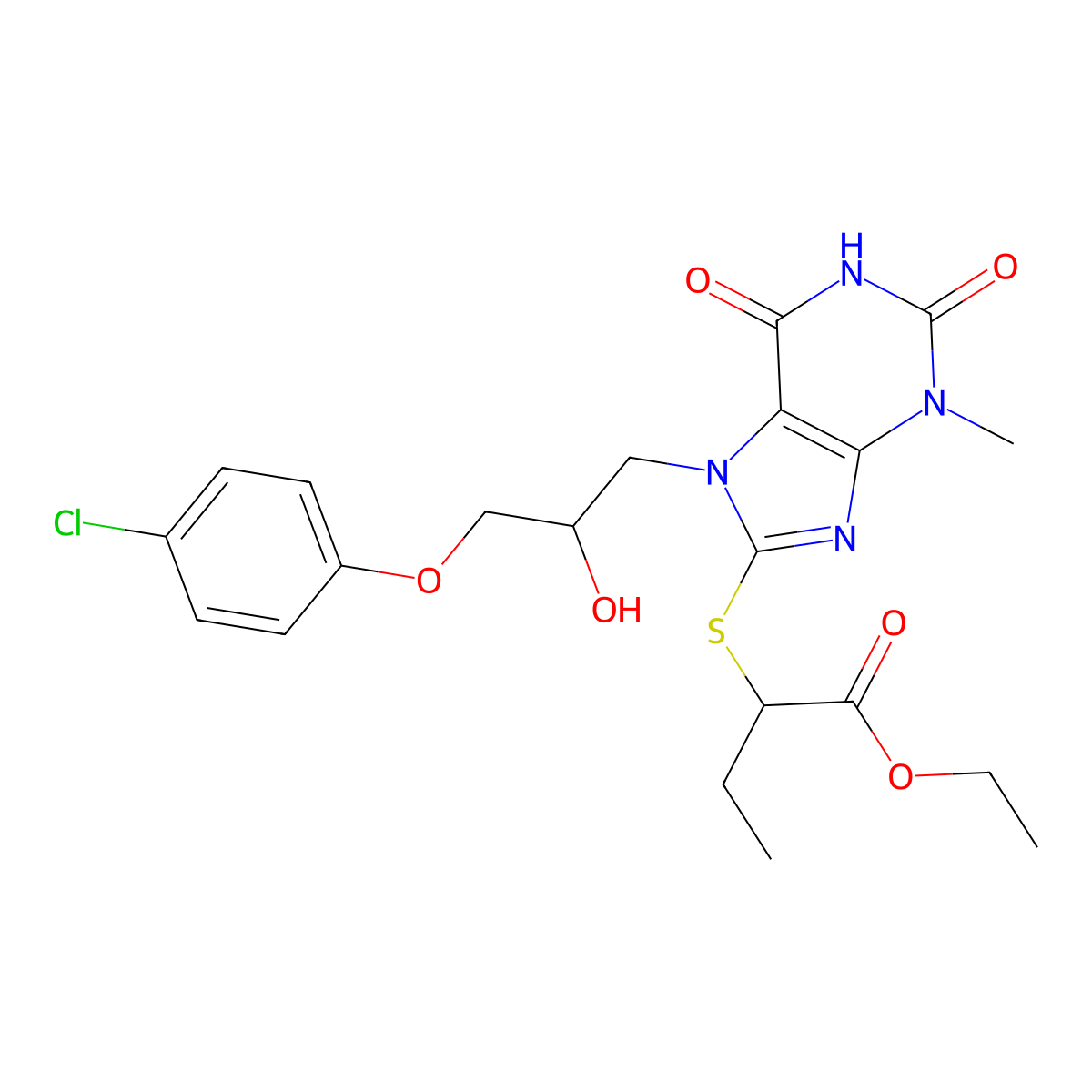 Ethyl 2-[7-[3-(4-chlorophenoxy)-2-hydroxypropyl]-3-methyl-2,6-dioxopurin-8-yl]sulfanylbutanoate molecular structure, CAS 303228-42-4