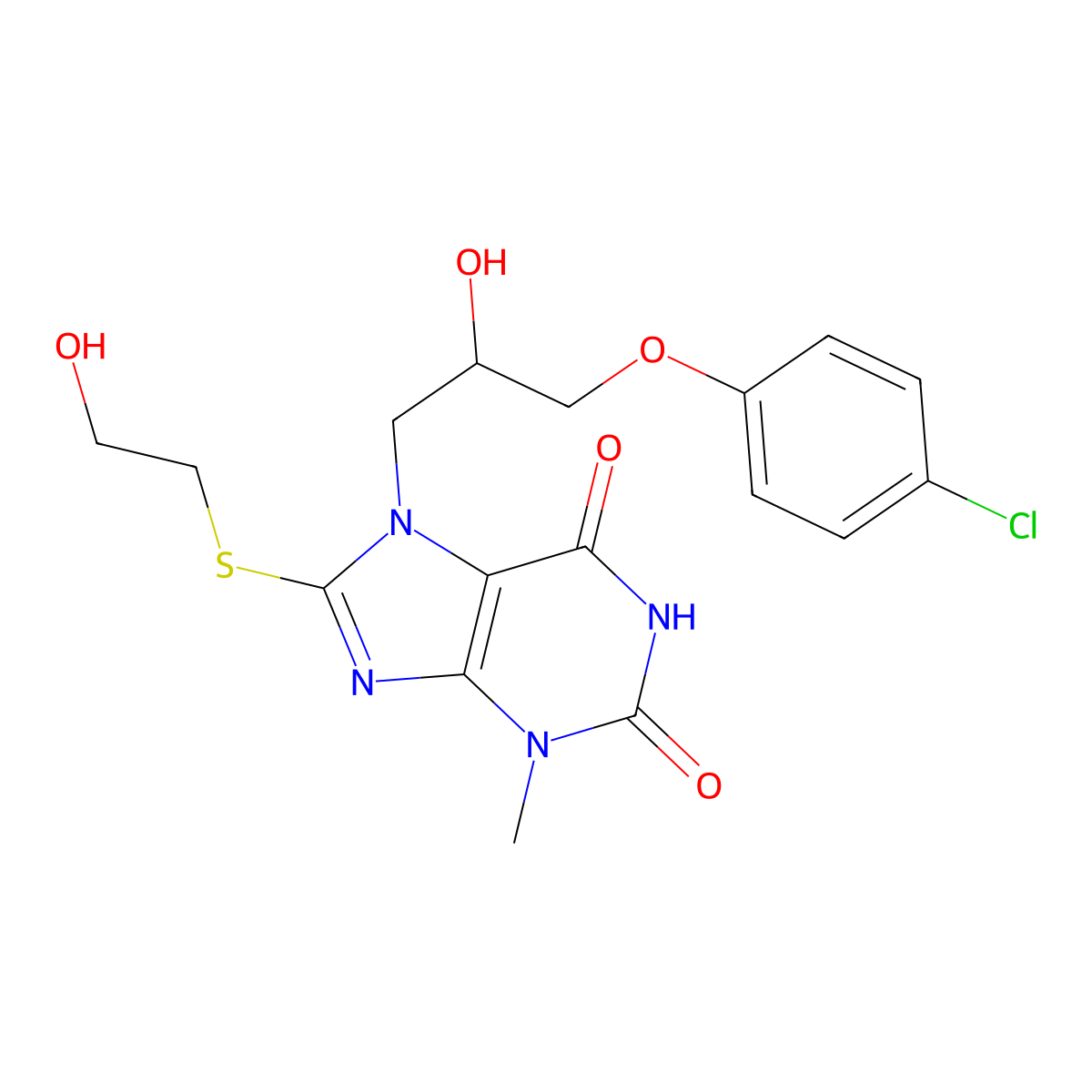 7-(3-(4-chlorophenoxy)-2-hydroxypropyl)-8-((2-hydroxyethyl)thio)-3-methyl-1H-purine-2,6(3H,7H)-dione molecular structure, CAS 303228-44-6