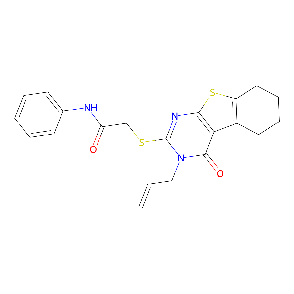 2-{[3-oxo-4-(prop-2-en-1-yl)-8-thia-4,6-diazatricyclo[7.4.0.0^{2,7}]trideca-1(9),2(7),5-trien-5-yl]sulfanyl}-N-phenylacetamide molecular structure, CAS 303228-46-8