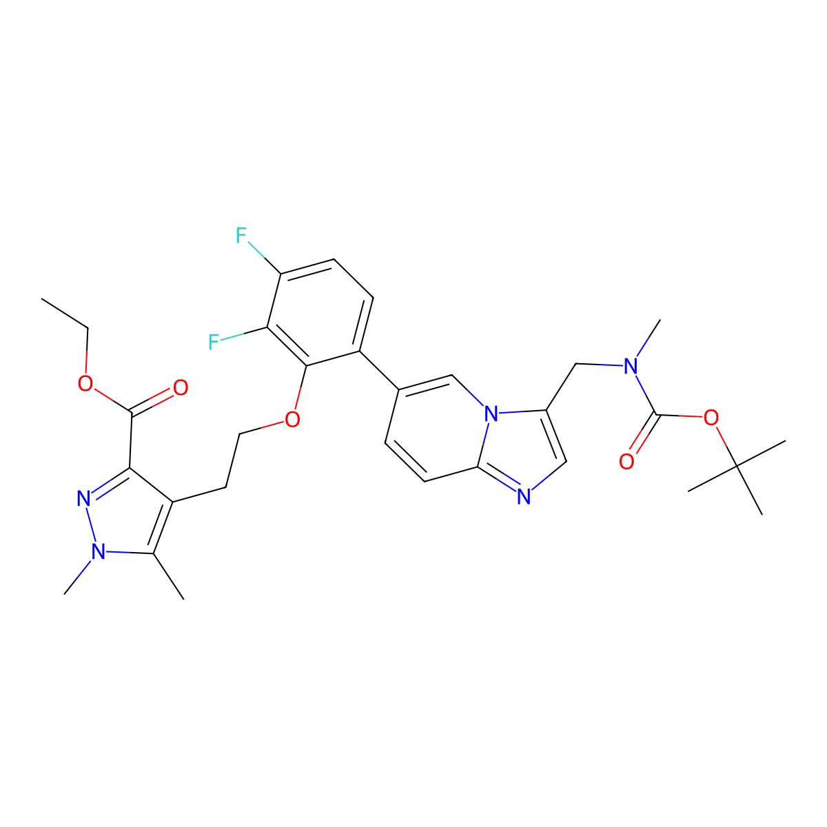 Ethyl 4-(2-(6-(3-(((tert-butoxycarbonyl)(methyl)amino)methyl)imidazo[1,2-A]pyridin-6-YL)-2,3-difluorophenoxy)ethyl)-1,5-dimethyl-1H-pyrazole-3-carboxylate molecular structure, CAS 3032302-31-8