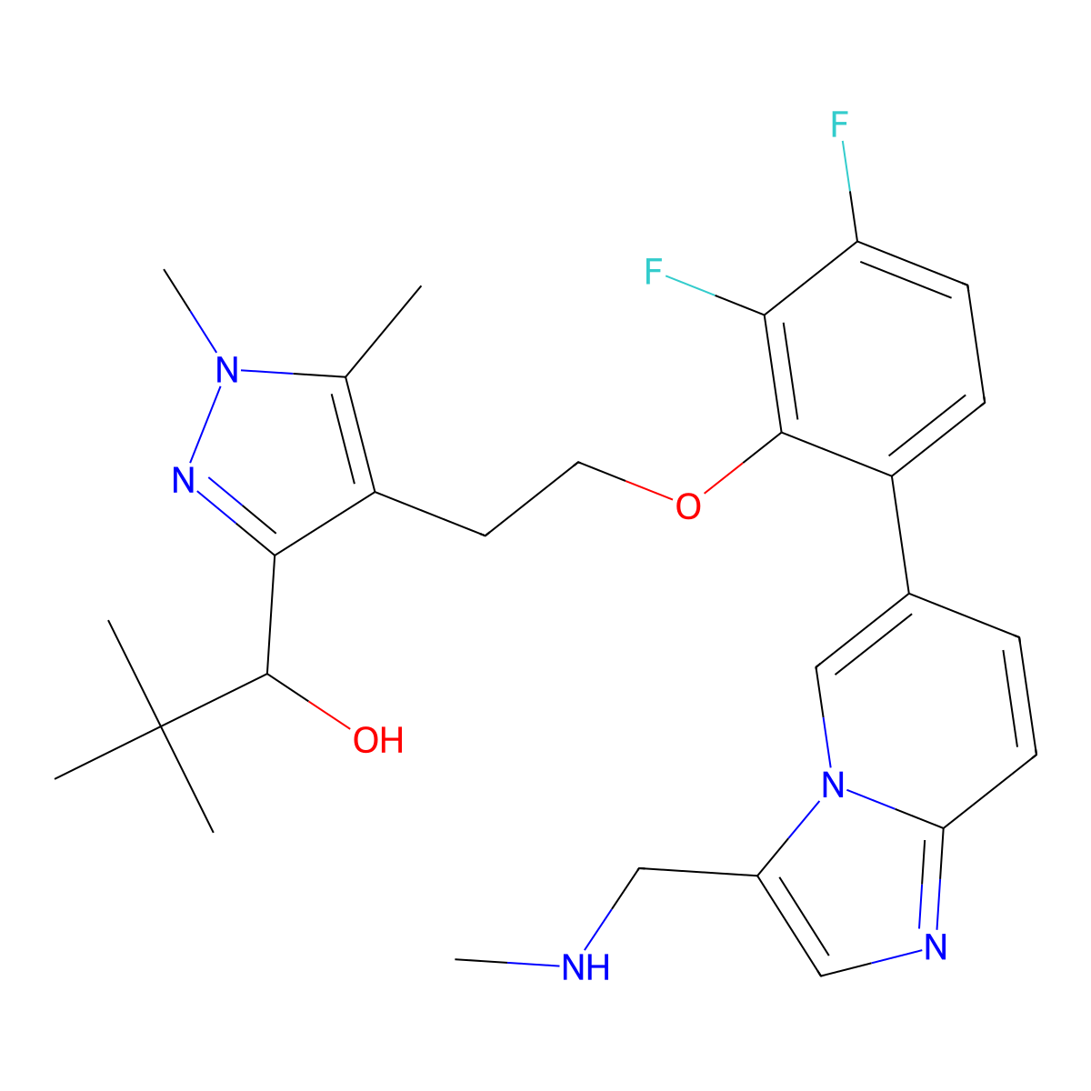 1-(4-(2-(2,3-Difluoro-6-(3-((methylamino)methyl)imidazo[1,2-A]pyridin-6-YL)phenoxy)ethyl)-1,5-dimethyl-1H-pyrazol-3-YL)-2,2-dimethylpropan-1-OL molecular structure, CAS 3032302-70-5