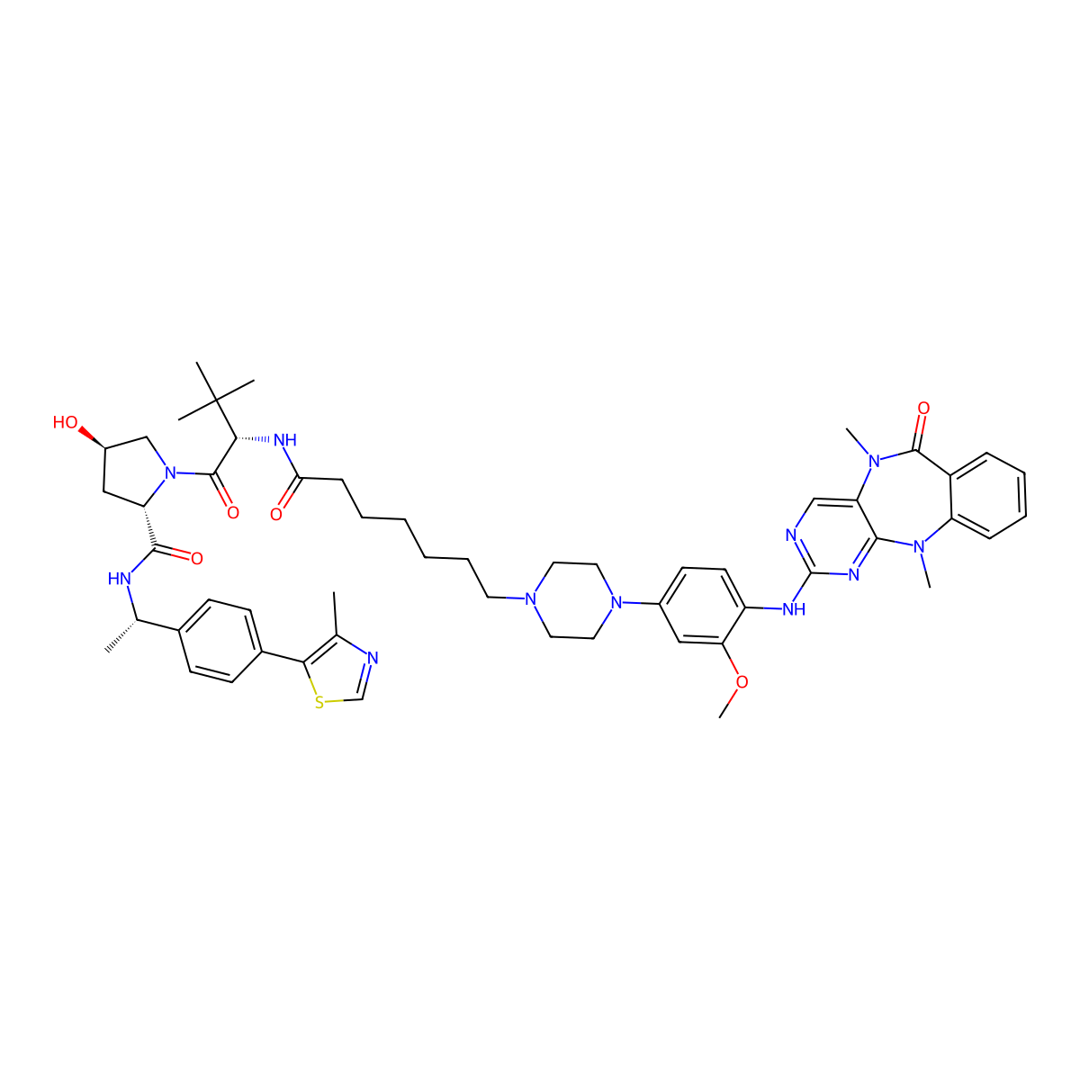 (2S,4R)-1-[(2S)-2-[7-[4-[4-[(5,11-dimethyl-6-oxopyrimido[4,5-b][1,4]benzodiazepin-2-yl)amino]-3-methoxyphenyl]piperazin-1-yl]heptanoylamino]-3,3-dimethylbutanoyl]-4-hydroxy-N-[(1S)-1-[4-(4-methyl-1,3-thiazol-5-yl)phenyl]ethyl]pyrrolidine-2-carboxamide molecular structure, CAS 3032388-42-1