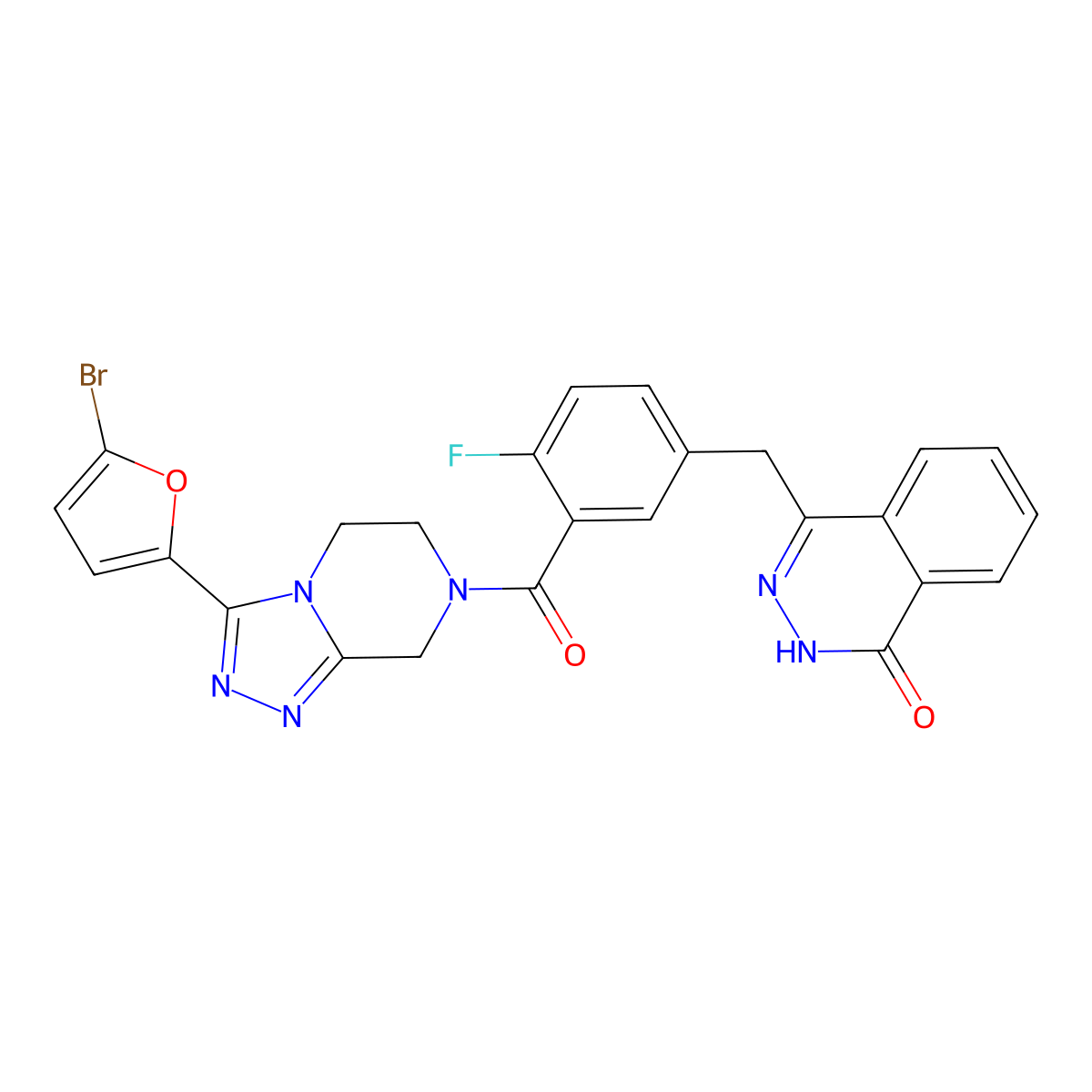 4-(3-(3-(5-Bromofuran-2-yl)-5,6,7,8-tetrahydro-[1,2,4]triazolo[4,3-a]pyrazine-7-carbonyl)-4-fluorobenzyl)phthalazin-1(2H)-one molecular structure, CAS 3032451-66-1