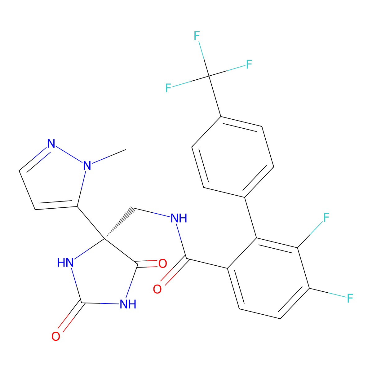 3,4-difluoro-N-[[(4S)-4-(2-methylpyrazol-3-yl)-2,5-dioxoimidazolidin-4-yl]methyl]-2-[4-(trifluoromethyl)phenyl]benzamide molecular structure, CAS 3032487-31-0