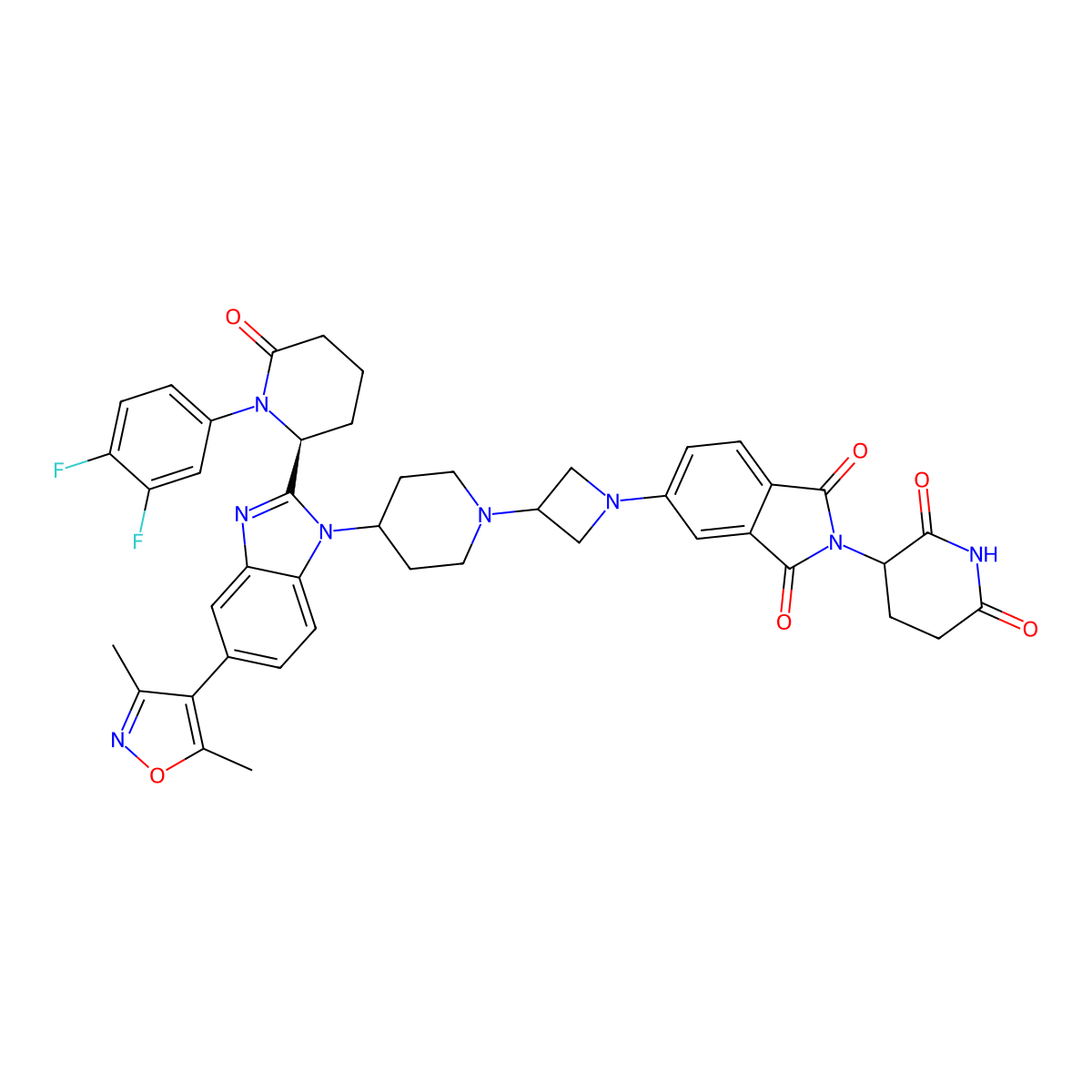5-[3-[4-[2-[(2S)-1-(3,4-difluorophenyl)-6-oxopiperidin-2-yl]-5-(3,5-dimethyl-1,2-oxazol-4-yl)benzimidazol-1-yl]piperidin-1-yl]azetidin-1-yl]-2-(2,6-dioxopiperidin-3-yl)isoindole-1,3-dione molecular structure, CAS 3032646-96-8