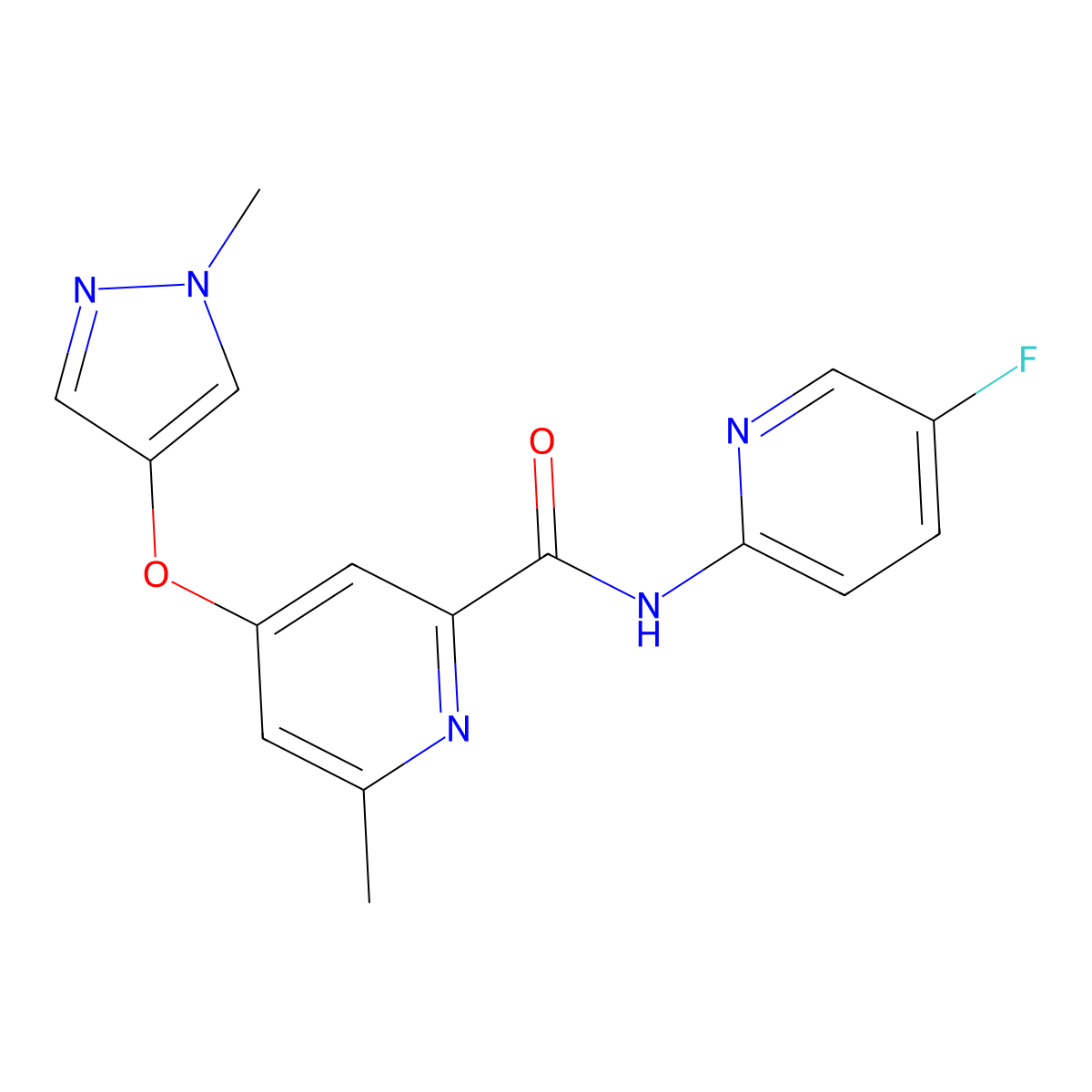 N-(5-fluoro-2-pyridinyl)-6-methyl-4-(1-methylpyrazol-4-yl)oxypyridine-2-carboxamide molecular structure, CAS 3032791-06-0