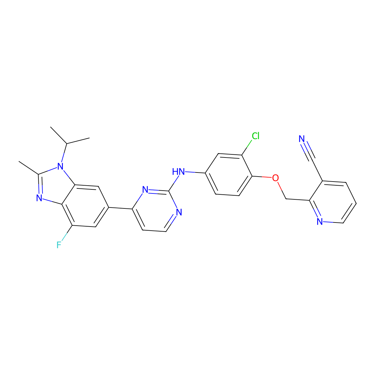 2-[[2-Chloro-4-[[4-(7-fluoro-2-methyl-3-propan-2-ylbenzimidazol-5-yl)pyrimidin-2-yl]amino]phenoxy]methyl]pyridine-3-carbonitrile molecular structure, CAS 3032908-44-1