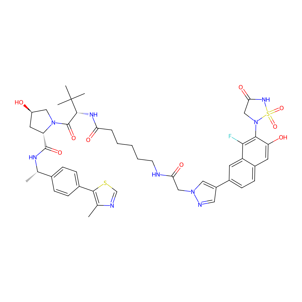 (2S,4R)-1-((S)-2-(6-(2-(4-(7-(1,1-Dioxido-4-oxo-1,2,5-thiadiazolidin-2-yl)-8-fluoro-6-hydroxynaphthalen-2-yl)-1H-pyrazol-1-yl)acetamido)hexanamido)-3,3-dimethylbutanoyl)-4-hydroxy-N-((S)-1-(4-(4-methylthiazol-5-yl)phenyl)ethyl)pyrrolidine-2-carboxamide molecular structure, CAS 3032975-47-3