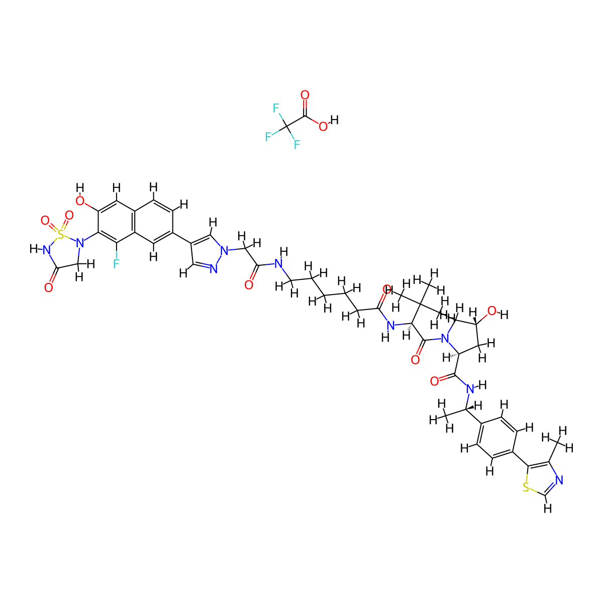 (2S,4R)-1-[(2S)-2-[6-[[2-[4-[8-fluoro-6-hydroxy-7-(1,1,4-trioxo-1,2,5-thiadiazolidin-2-yl)naphthalen-2-yl]pyrazol-1-yl]acetyl]amino]hexanoylamino]-3,3-dimethylbutanoyl]-4-hydroxy-N-[(1S)-1-[4-(4-methyl-1,3-thiazol-5-yl)phenyl]ethyl]pyrrolidine-2-carboxamide;2,2,2-trifluoroacetic acid molecular structure, CAS 3032975-48-4