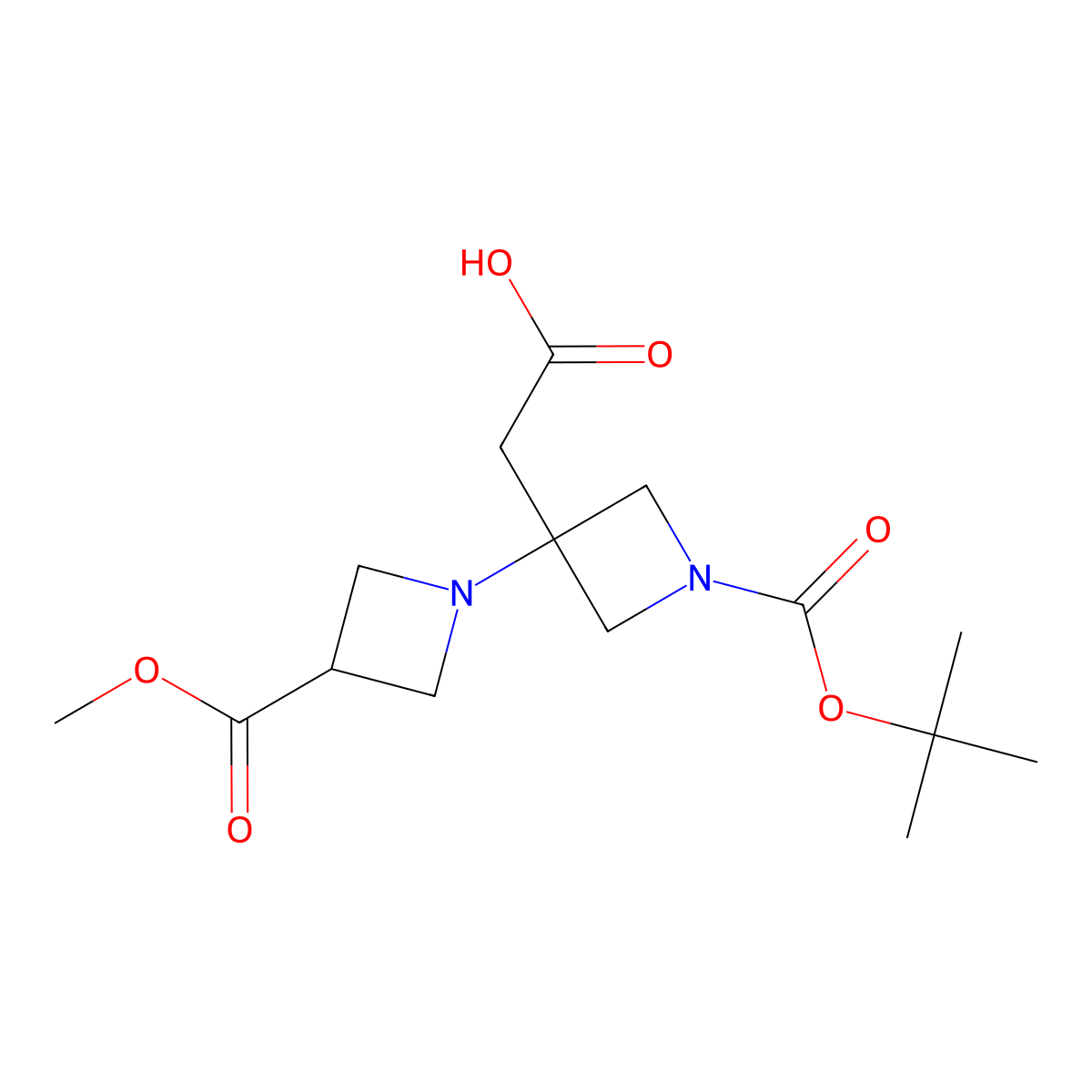 2-{1'-[(Tert-butoxy)carbonyl]-3-(methoxycarbonyl)-[1,3'-biazetidin]-3'-yl}acetic acid molecular structure, CAS 3033453-98-1