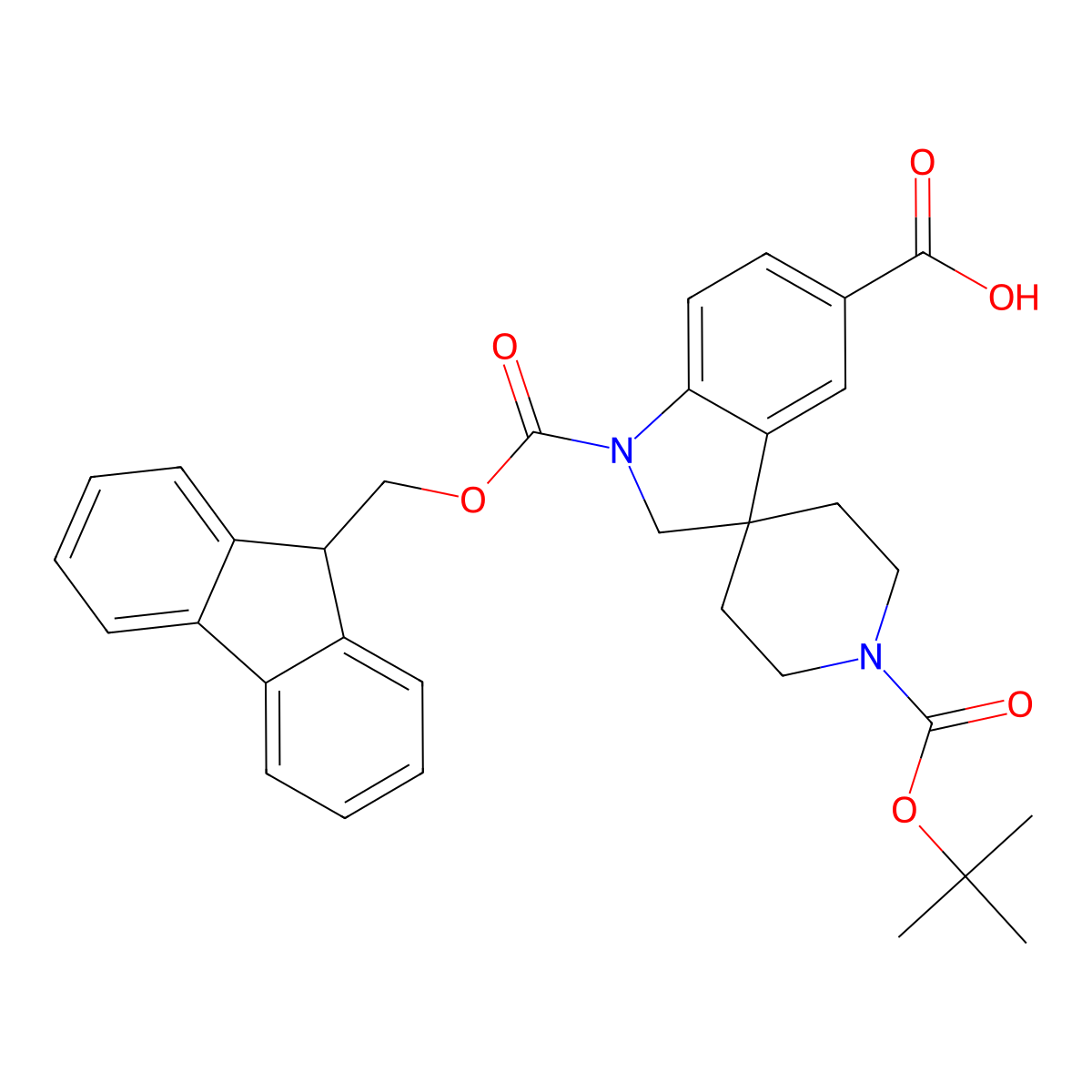 1'-[(tert-butoxy)carbonyl]-1-{[(9H-fluoren-9-yl)methoxy]carbonyl}-1,2-dihydrospiro[indole-3,4'-piperidine]-5-carboxylic acid molecular structure, CAS 3033456-06-0